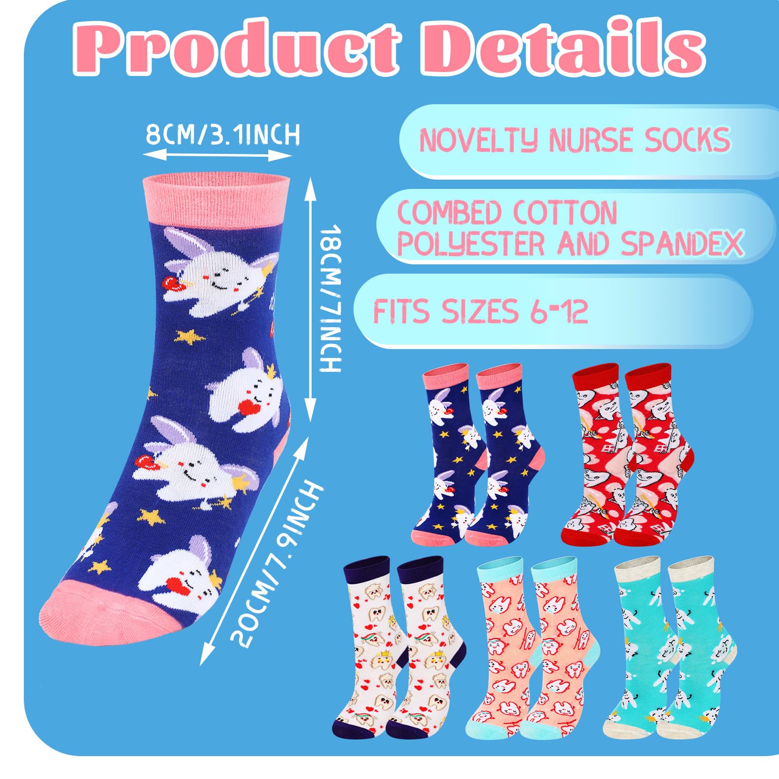Mepase 12 Paar lustige Frauen Zähne Themed Dental Socken Niedliche Geschenke für Zahnarzt Neuheit Zahnsocken Zahnarzt Socken für Assistent Arzt Hygieniker Schule Student, Schöne Farben., Einheitsgröße