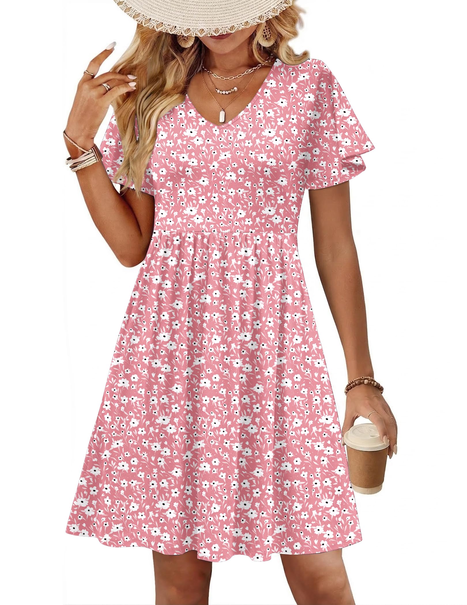 Zeagoo Womens Summer Dress Casual Swing Sundresses Floral Ruffle Short Sleeve Wedding Guest Dress Beach Mini Dress 2026
