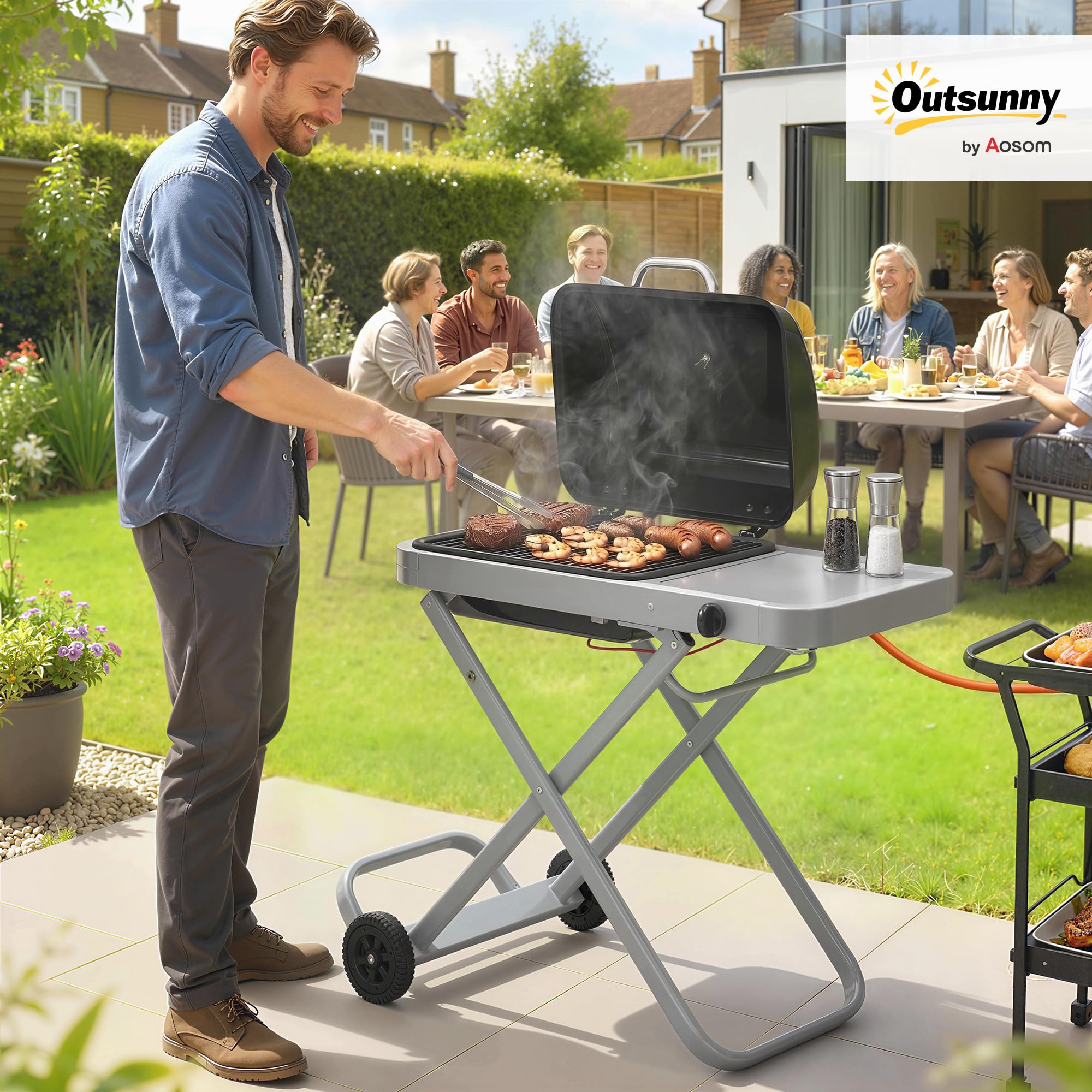 Outsunny Barbacoa de Gas Plegable, BBQ Gas con Quemador 2,5 kW, Barbacoa Portátil con Termómetro, Mesa Lateral, Parrilla de Hierro Fundido, Recogedor Grasa y 2 Ruedas para Jardín, Camping, Negro