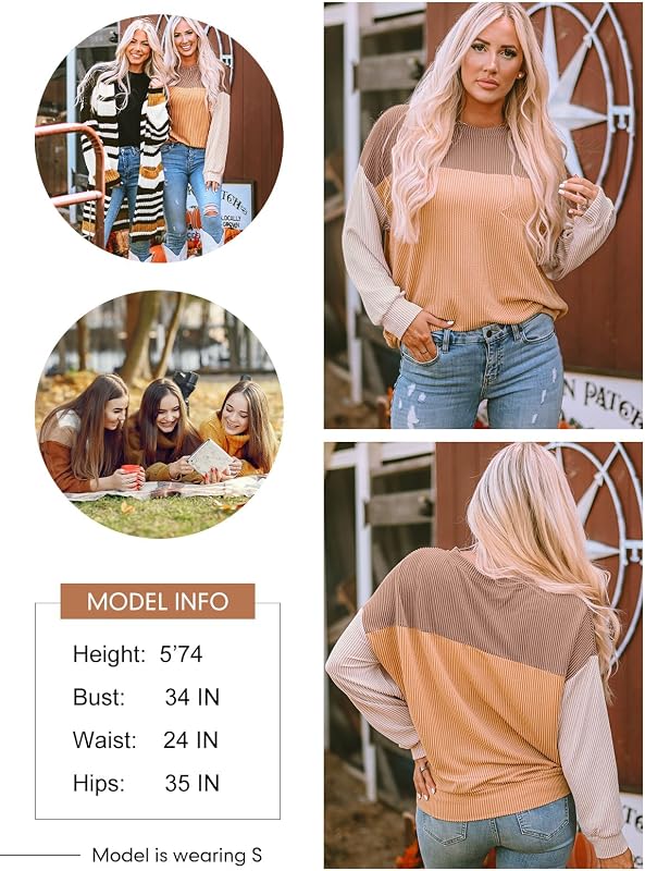 Dokotoo Plus Size Tops for Women Trendy Fashion Clothing Fall Summer Crewneck Long Sleeve Shirts Business Casual Outfits Loose Comfy Color Block Cute Sweatshirt Knitted Tunic Blouse Khaki XX-Large image 6