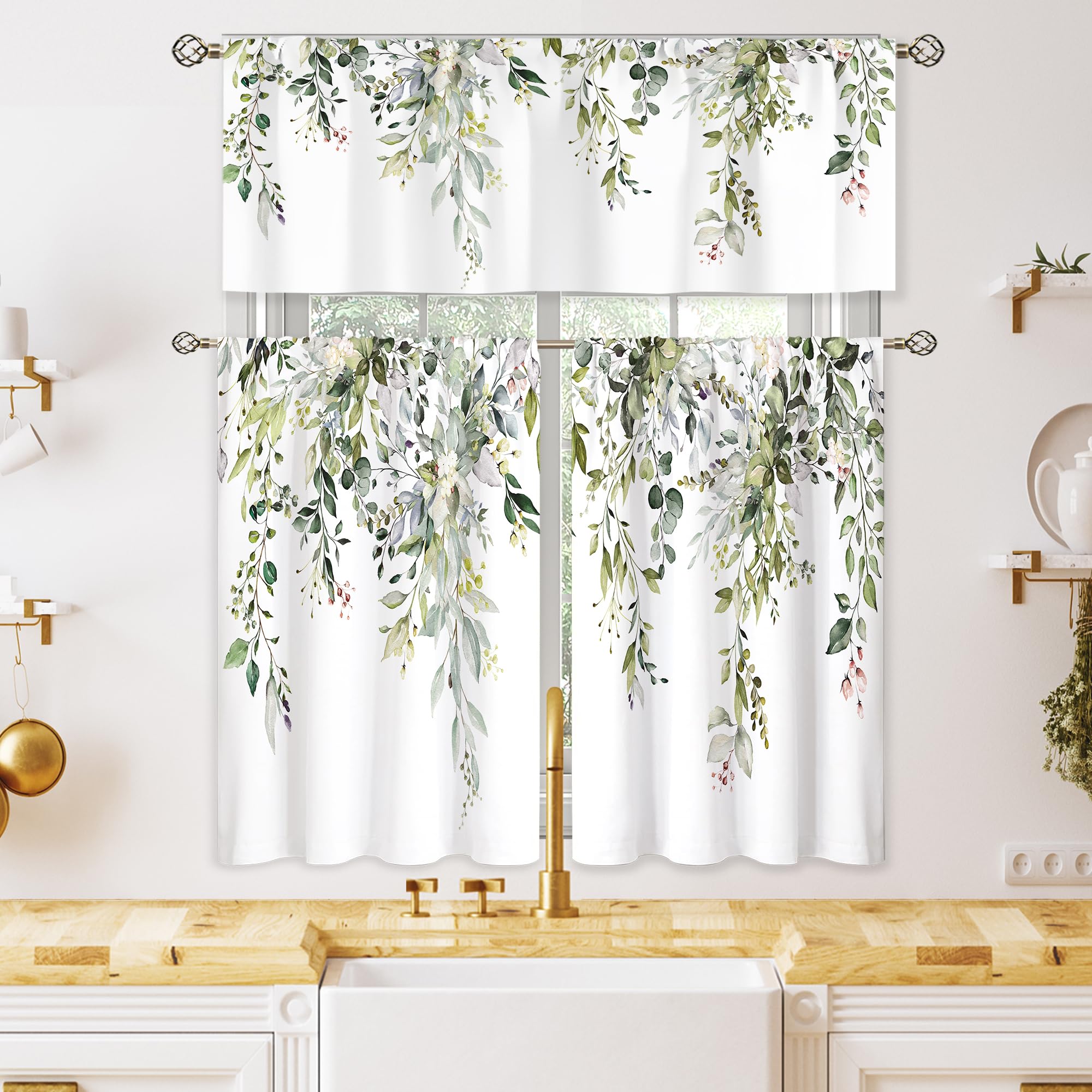 Oolygoo Eucalyptus Leaves Small Short Kitchen Curtains Farmhouse Boho 3 Piece 36 Inch Sage Green Tier Treatment Curtains for Bathroom, Bedroom, Living Room, Dining Room