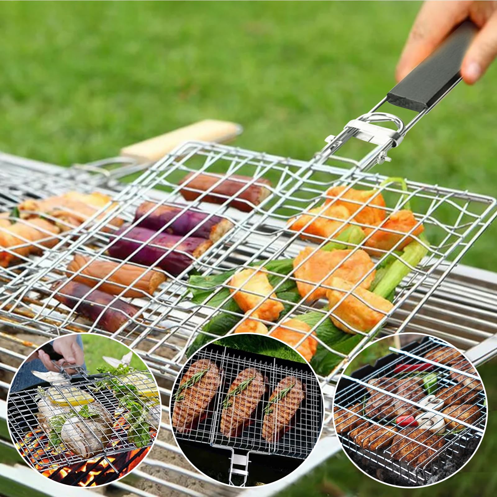 Panier de Barbecue Pliable 32 x 22 cm Acier Inoxydable avec 2 Brosses Silicone pour Poisson Crevettes Légumes Steak