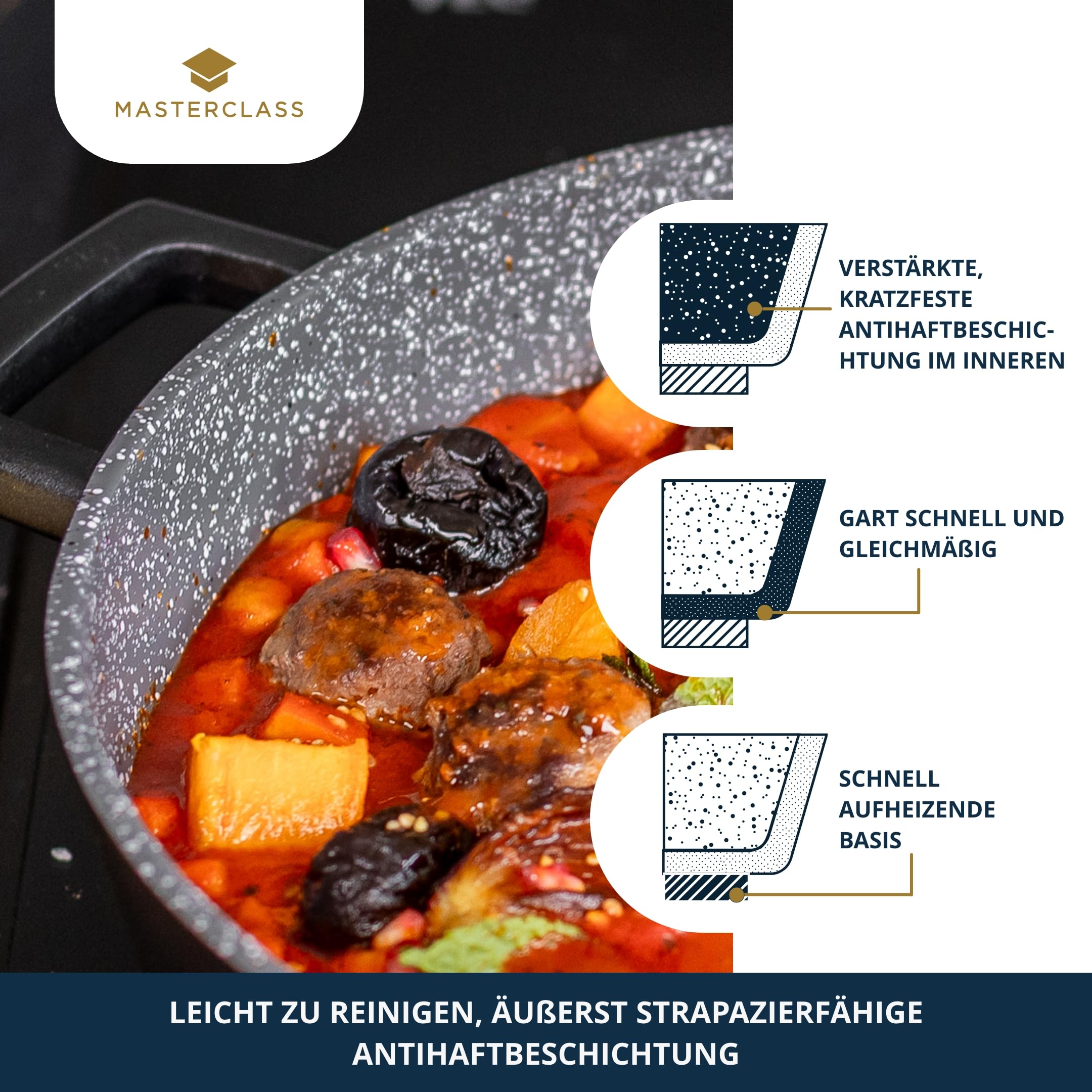 MasterClass Tajine-Form aus Aluminiumguss mit selbstbindendem Kegeldeckel, 4 l, Antihaftbeschichtung, rund, Induktion, Herd, Kochgeschirr, spülmaschinenfest, ofenfest, 28 cm, Schwarz