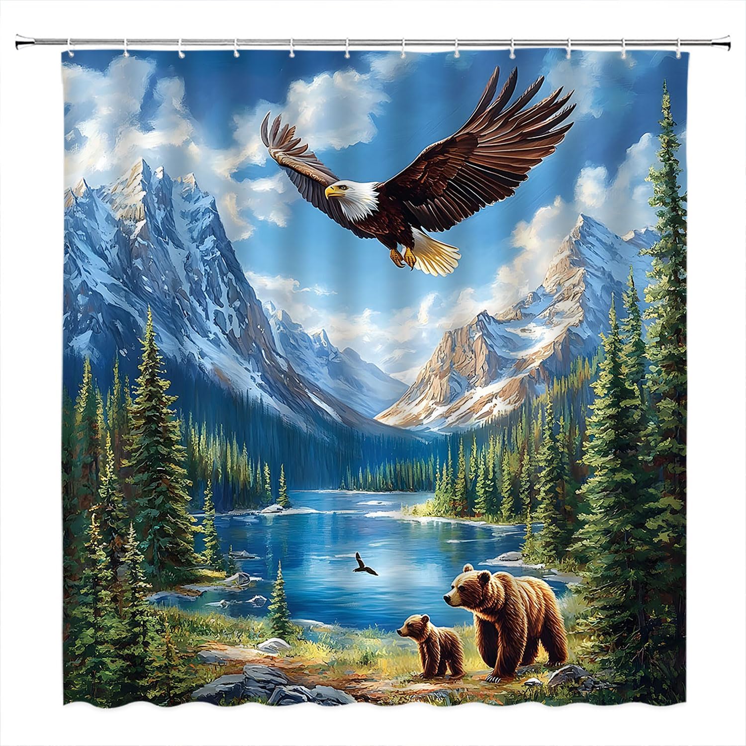 Rustic Farmhouse Shower Curtain Forest Bear Cabin Country Wild Animal Eagle Lake Mountain Camping Bathroom Curtains Polyester Fabric Set with Hooks 118Wx70H Inch