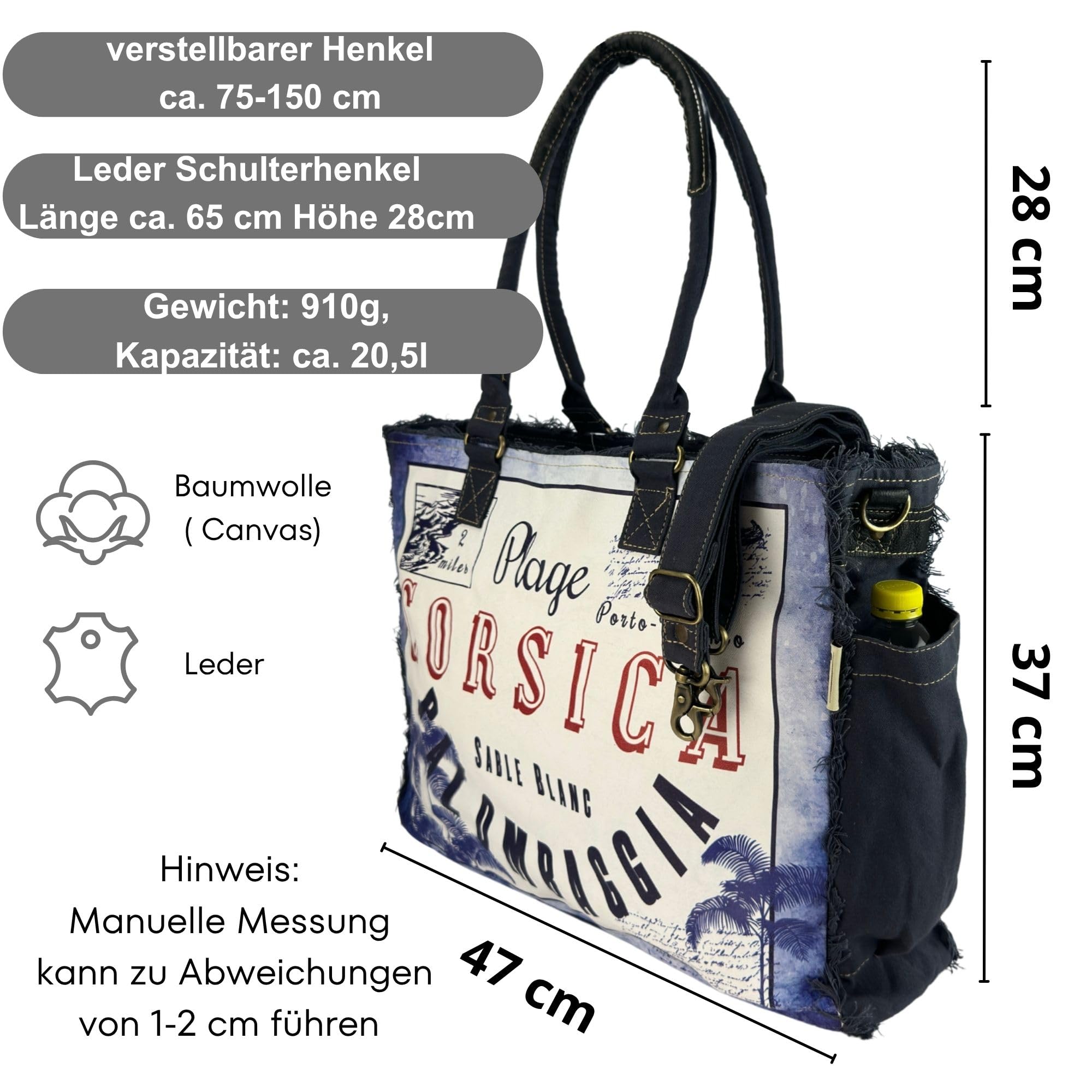 Sunsa XXL Handtasche. Vintage Schultertasche. Weekender Canvas & Leder blau