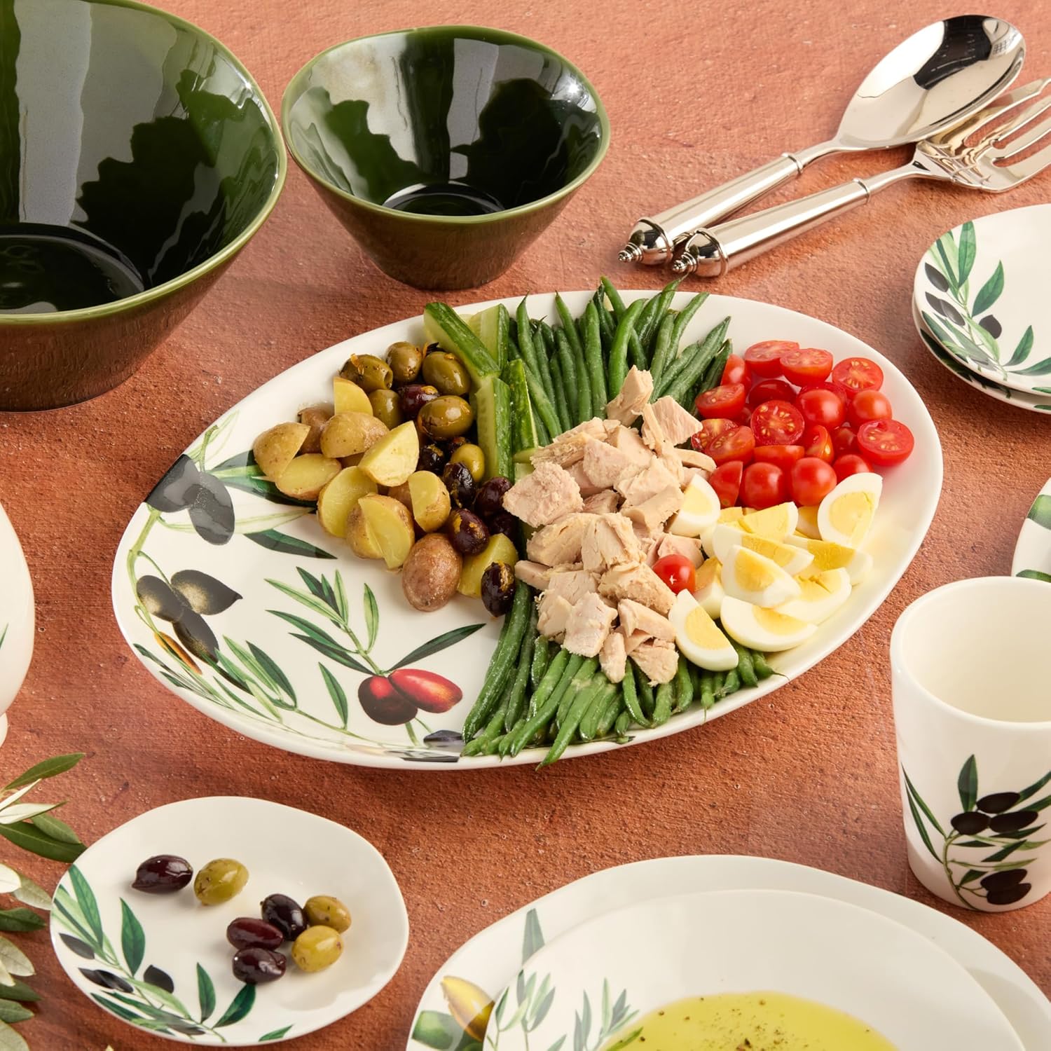 Olivia 16-Inch x 12-Inch Stoneware Oval Platter - Mediterranean Olive Branch Design with Vibrant Green and Earthy Tones, Perfect for Serving Appetizers and Main Courses