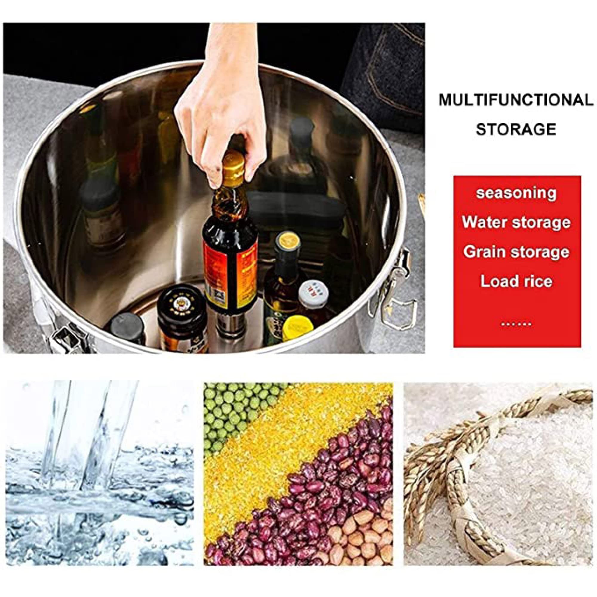 Cubo de arroz de acero inoxidable, recipiente de grano sellado, barril de harina de gran capacidad, contenedor de transporte de almacenamiento de alimentos, 35 L