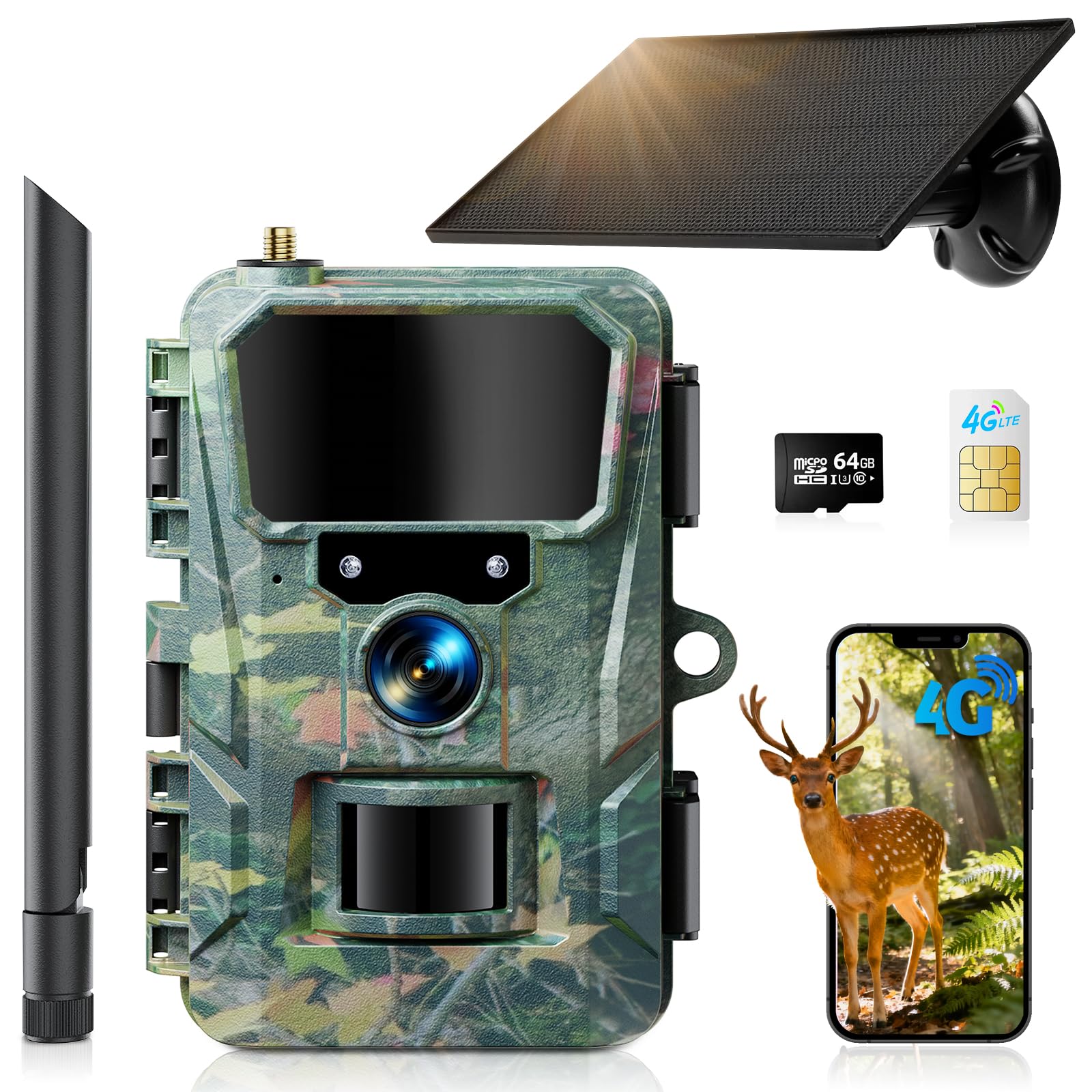 WOLFANG 4G/LTE Wildkamera Solar, 2K 48MP Live Übertragung Wildkamera mit Handyübertragung App, 5200H mAh Akku, Wildtierkamera mit Nachtsicht Bewegungsmelder mit 64G Speicherkarte IP66 Wasserdicht