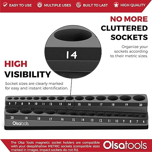 Miniatura 2 de Olsa Tools Portadados magnético, para dados métricos con cuadros de mando de 38 de pulgada, color negro, caben 30 dados, organizador de herramientas