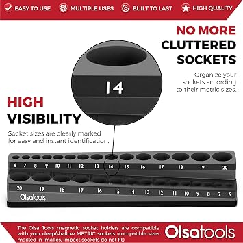 Olsa Tools Magnetic Socket Organizer 3/8-Inch Drive Metric, Black