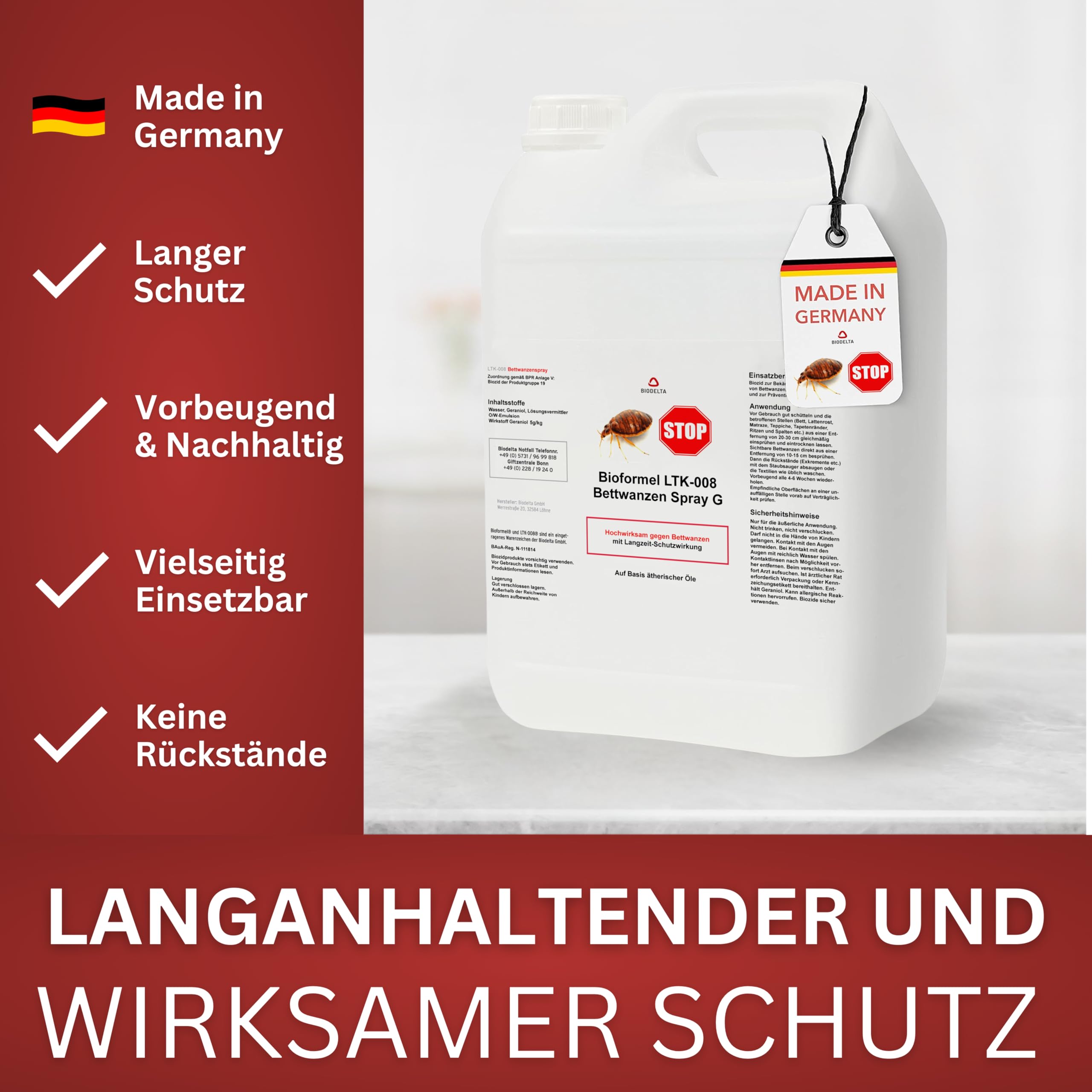 BIODELTA LTK-008 Anti Bettwanzen Mittel 5 Liter - Anti Bettwanzen mit Langzeitwirkung - hochwirksames Mittel - vorbeugend & bei akutem Befall - auf Wasserbasis - Wanzen Spray