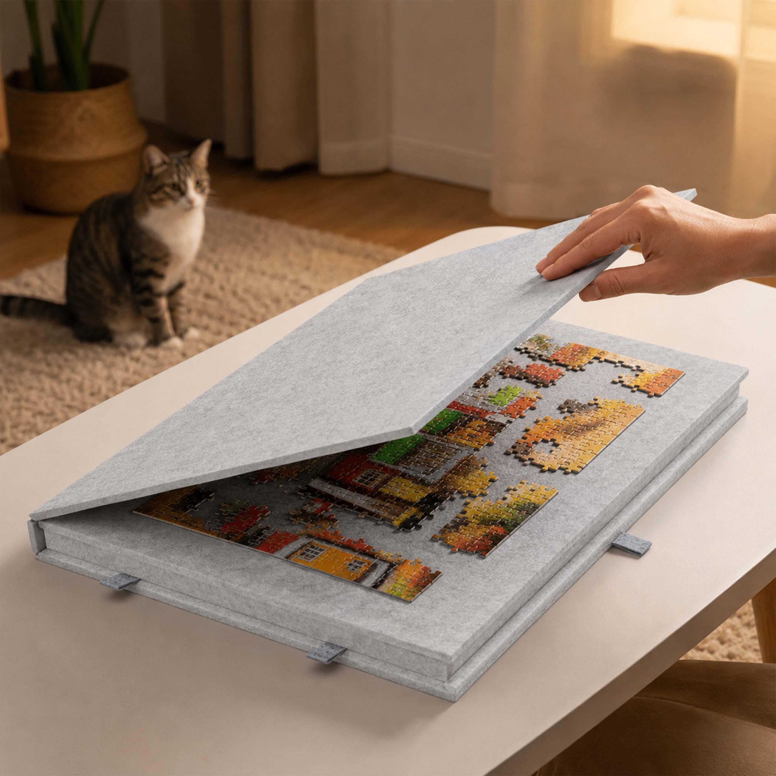 Relaxdays Plateau de puzzle 1 000 pièces, support inclinable, 6 tiroirs, feutre, housse, gris clair