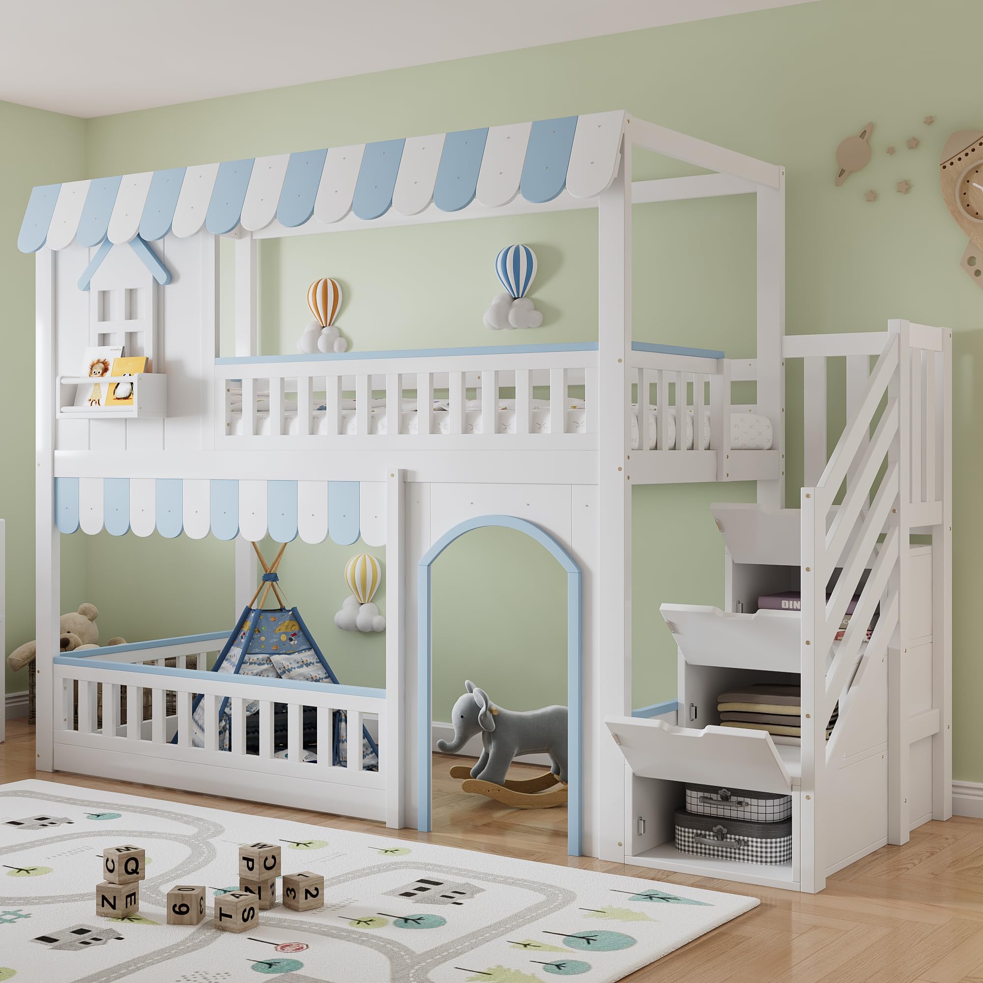 Mrwoo Etagenbett Hochbett 90x200 cm, Kinderbett mit Fenster, Stauraumbett mit 3 Treppe Schließfächer, Rausfallschutz Geländer, Kiefer+MDF+Sperrholz, Weiß+Blau (Ohne Matratze)
