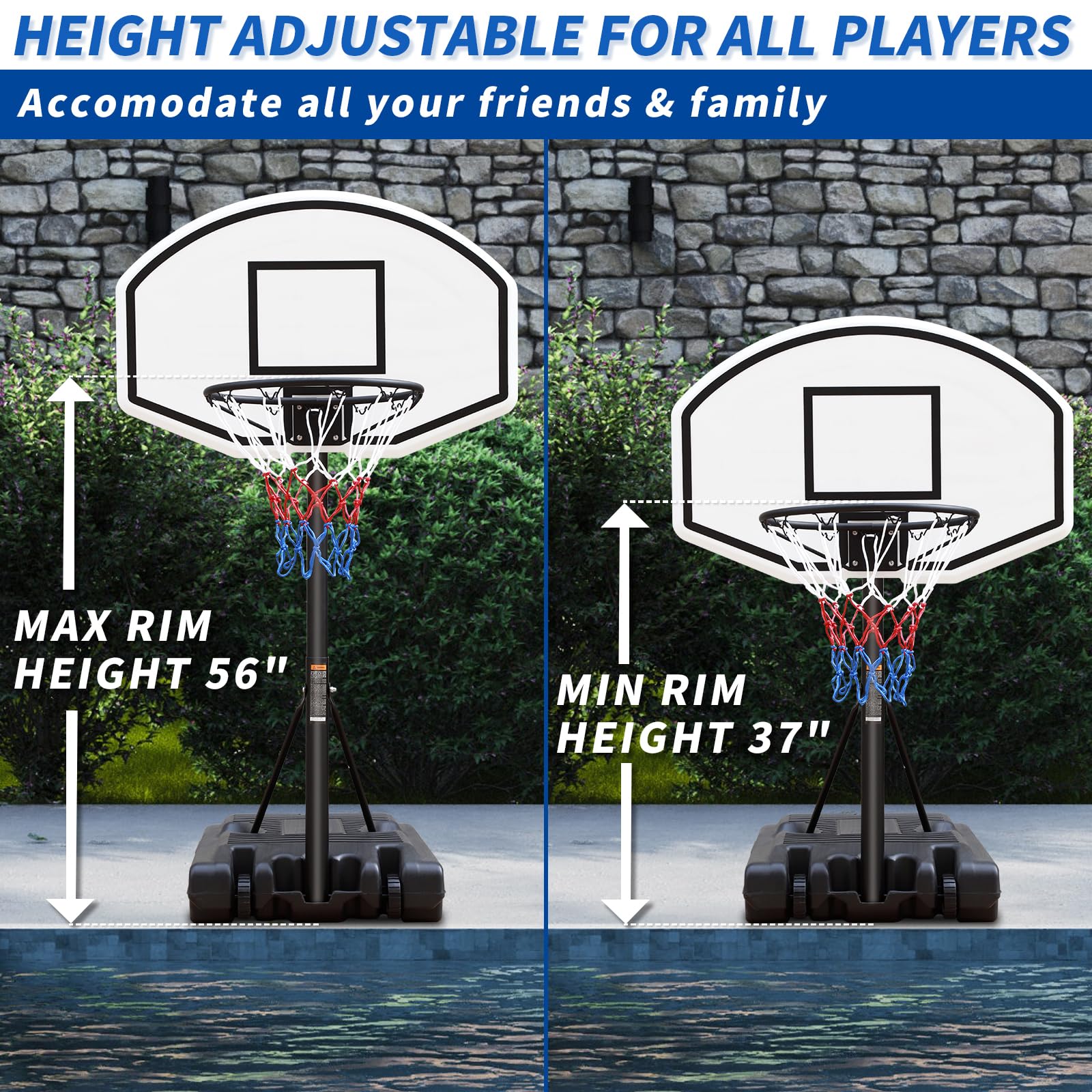 Generic Large Poolside Basketball Hoop with Height Adjustable 37""-56"" Swimming Pool Basketball System 36"" x 24"" Backboard and Base,17"" Rim for Water Games - Image 4