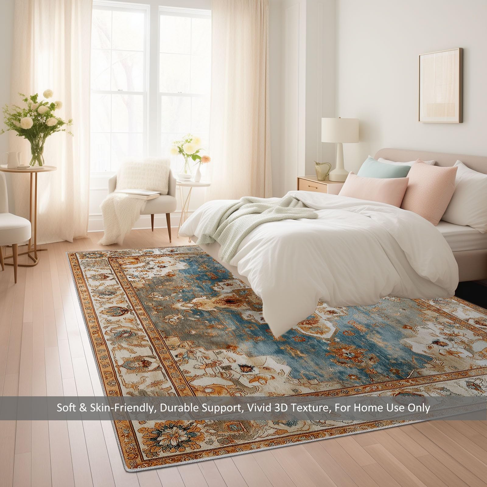 Tapis Rétro Naturel Géométrique Floral Salon Salle à Manger, Chambre, Cuisine Antidérapant avec Motif Imprimé Tapis Doux Poil Ras Décoration Maison (Jaune, 100 x 150 cm)