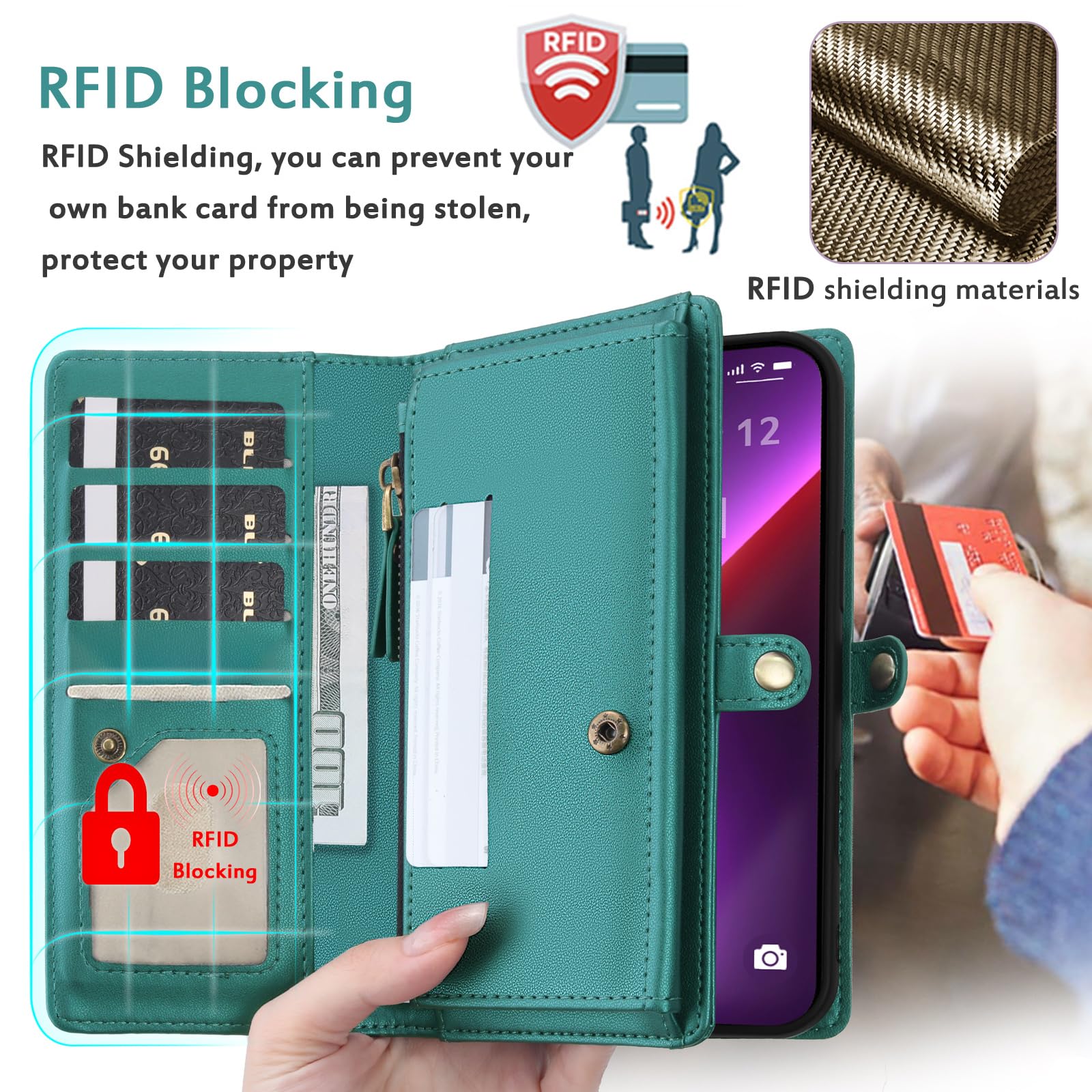 Etui portfelowe kompatybilne z iPhone 13 Pro Max, wielofunkcyjne, odpinane, magnetyczne etui 2 w 1, portfel na iPhone'a 13 Pro Max, z klapką, z paskiem na zamek błyskawiczny, etui na telefon z