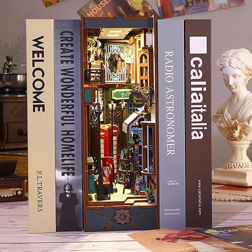 Miniatura 5 de ISSEVE Kit de rincón de libros, rompecabezas de madera 3D, kit de casa en miniatura para decoración de estante de rincón de libros, soporte mágico