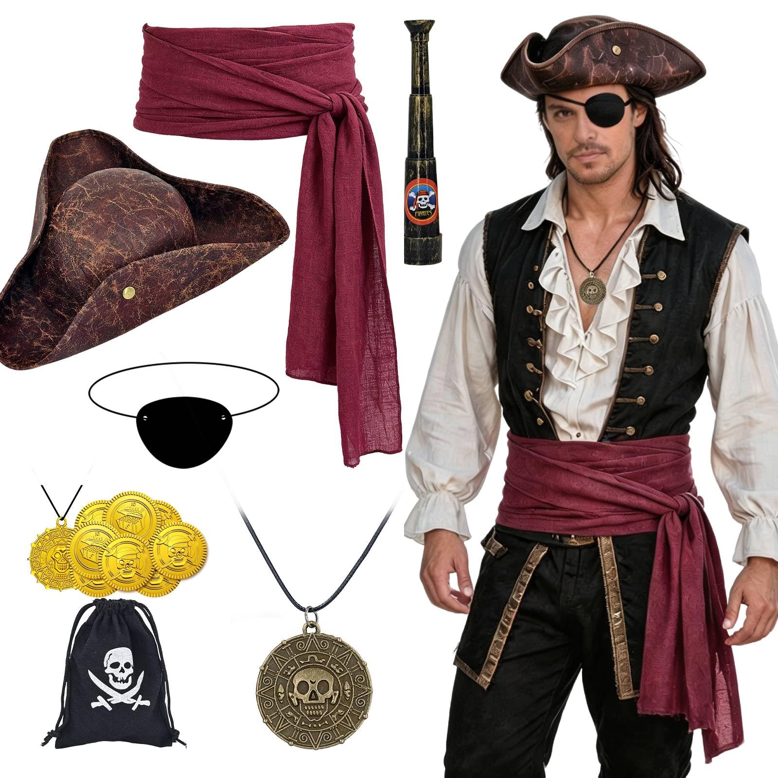 CIRCKOPS 16 PCS Pirate Costume Accessories Set for Men Women Halloween | Pirate Hat, Cosplay Party Outfit, Renaissance Tricorn Hat, Red Sash, Eye Patch, Necklaces for Carnival Pirate-themed Event