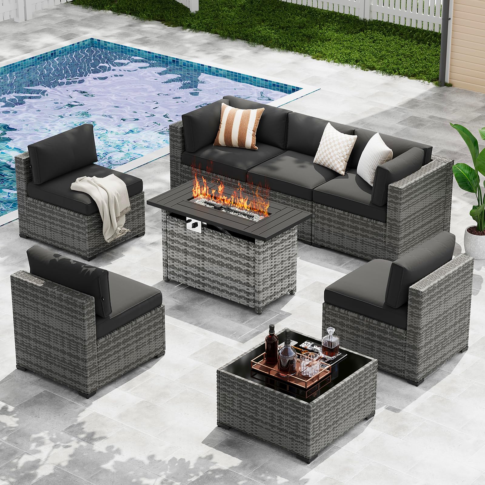 LazySunsets 8-Piece Patio Furniture Set with 44" Fire Pit Table, Wicker Outdoor Furniture, Patio Conversation Sets with Coffee Table, Outdoor