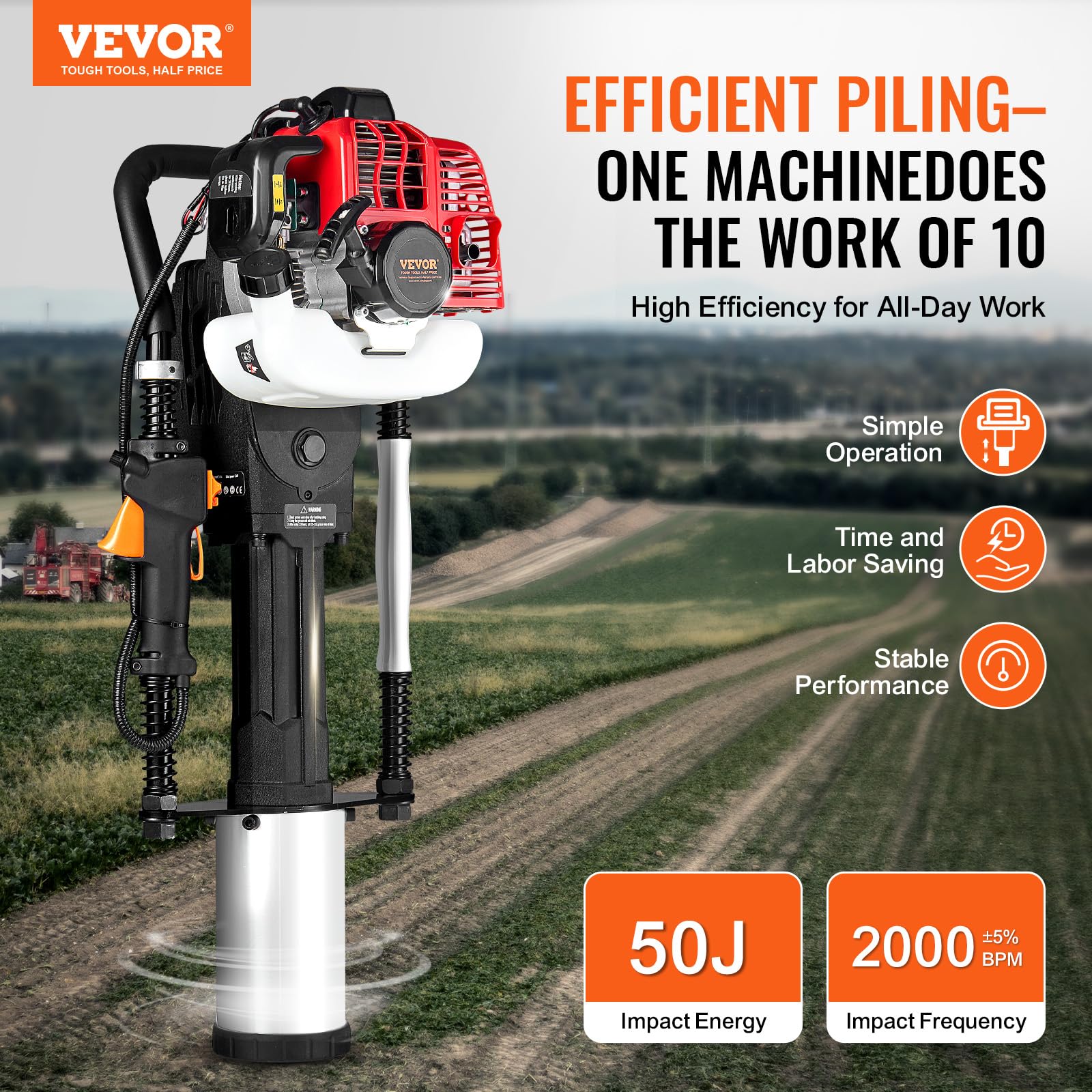 VEVOR 52cc Gas-Powered T Post Driver, 2-Stroke Engine Gasoline Fence Piling Pounder, 1300W Portable Piledriver with 3 Post Driving Head(49/69/100 mm), For Farm, Ranch Fencing, Road Improvements