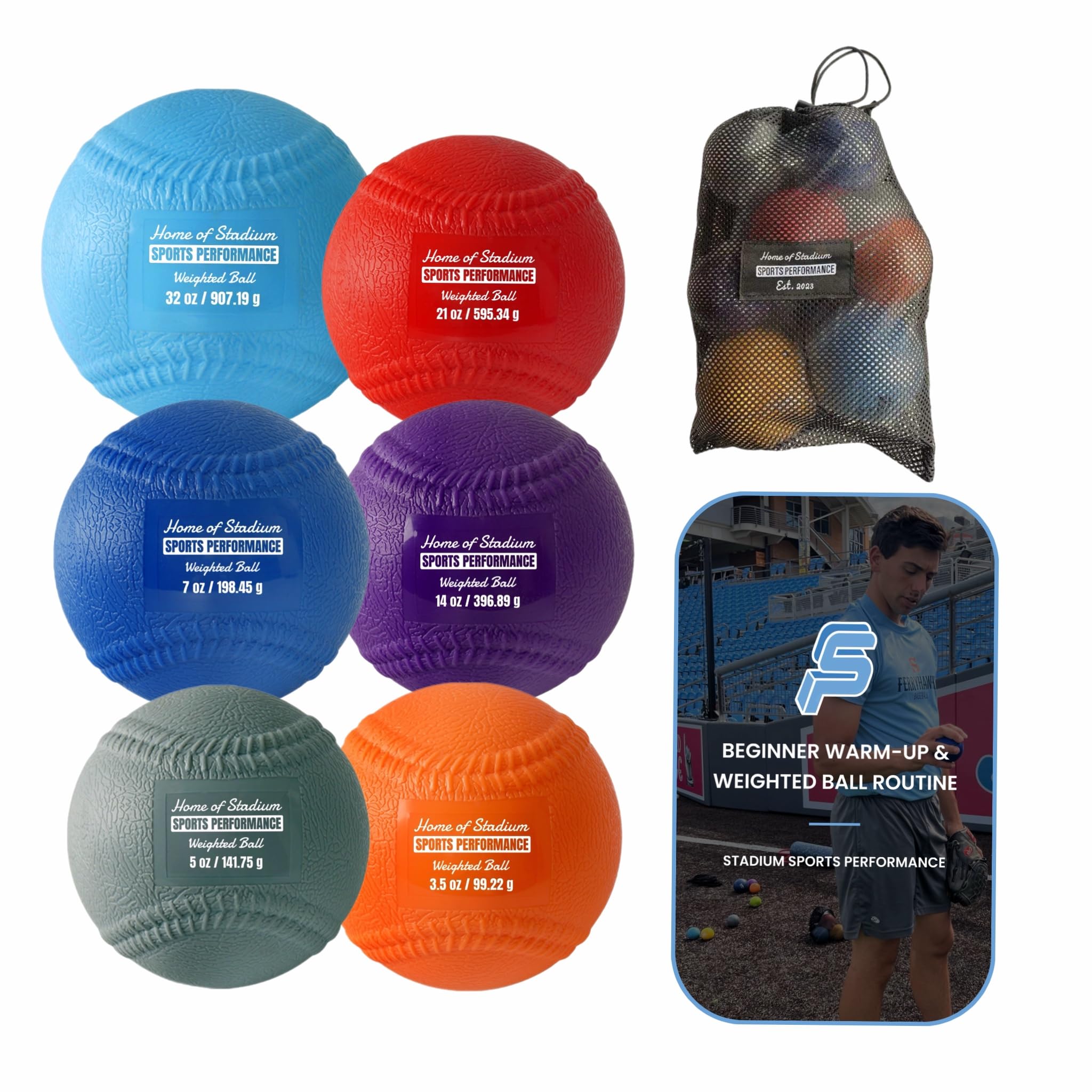 Set of 6 Weighted Balls with Seams & Free Throwing Program | Throwing Arm Strength & Velocity Training | 3.5oz, 5oz, 7oz, 14oz, 21oz, 32oz | Carry Bag