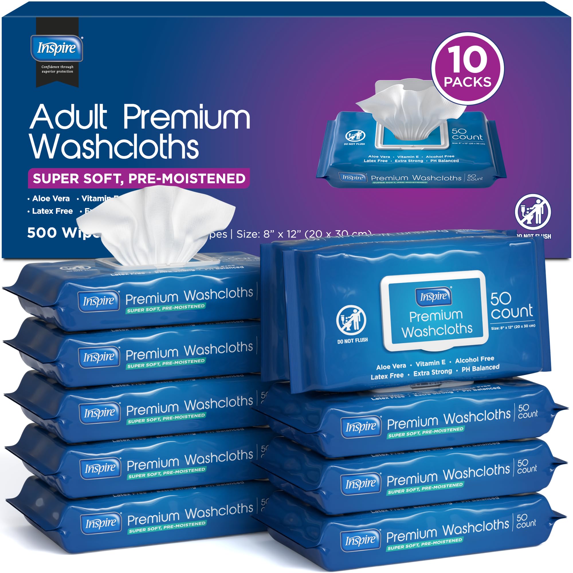 Inspire Adult Wet Wipes, Wash Cloths | Adult Wipes for Incontinence & Cleansing for Elderly, 8"x12" (500CT (10 PACKS OF 50))