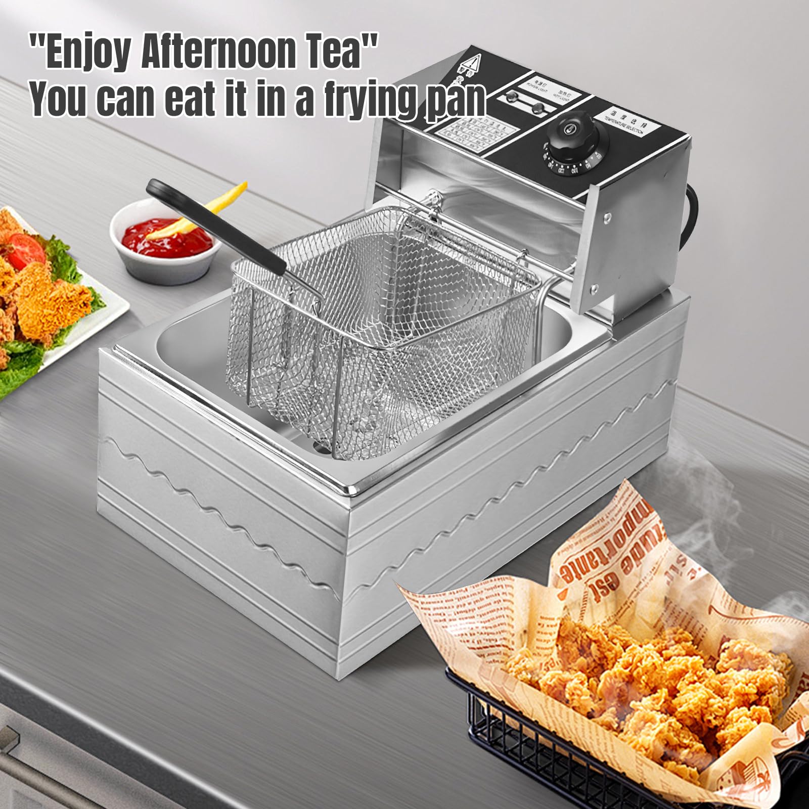 Friteuse commerciale 6L 2500W, friteuse à gaz professionnelle | en acier inoxydable - panier amovible - température réglable,avec paniers filtrants, couvercle,pour usage commercial et privé