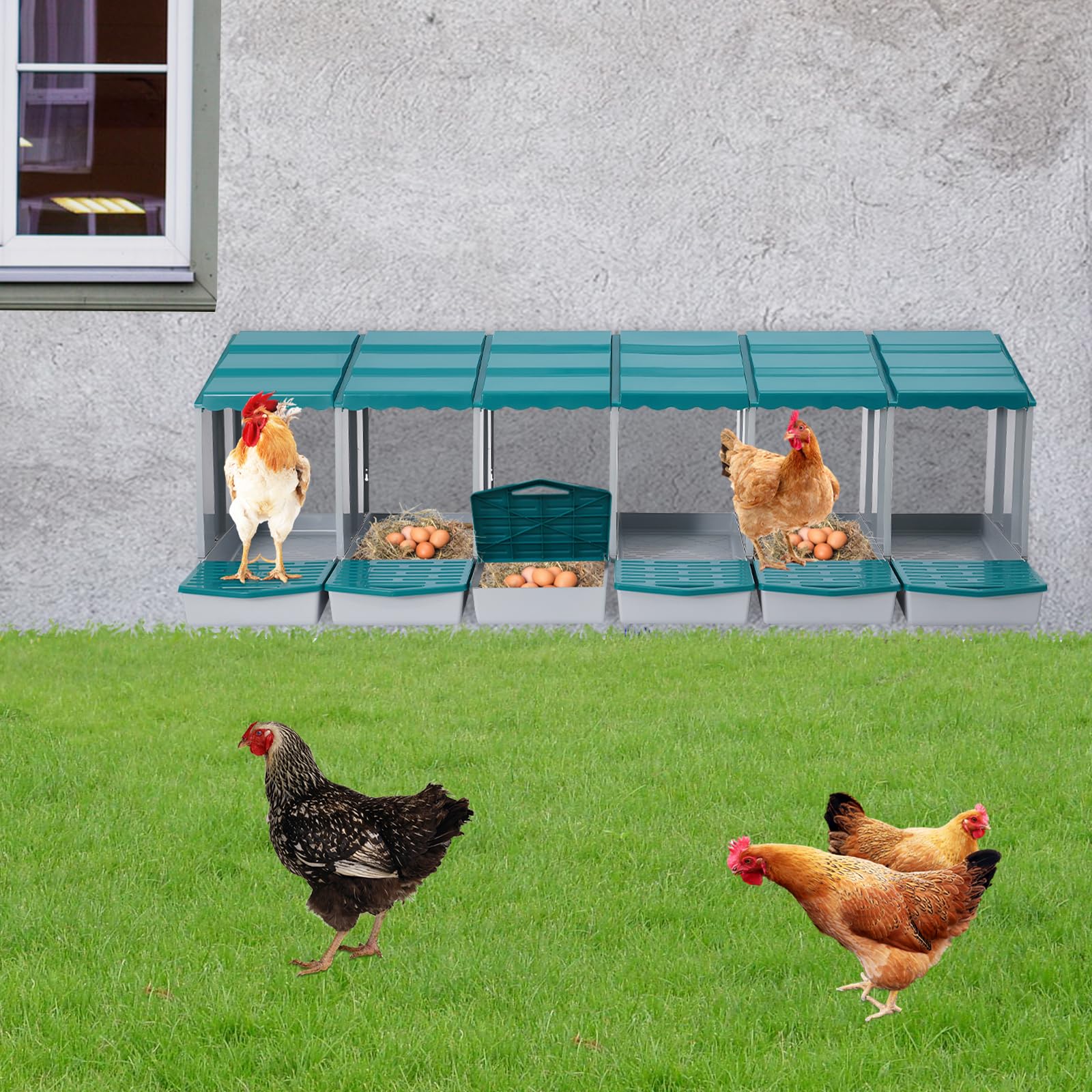Nido de 6 compartimentos para pollos, nido de pollo con suelo inclinado y orificios de ventilación, accesorios para gallinero, para patio, jardín y gallinero, montaje en pared y suelo (verde 1)