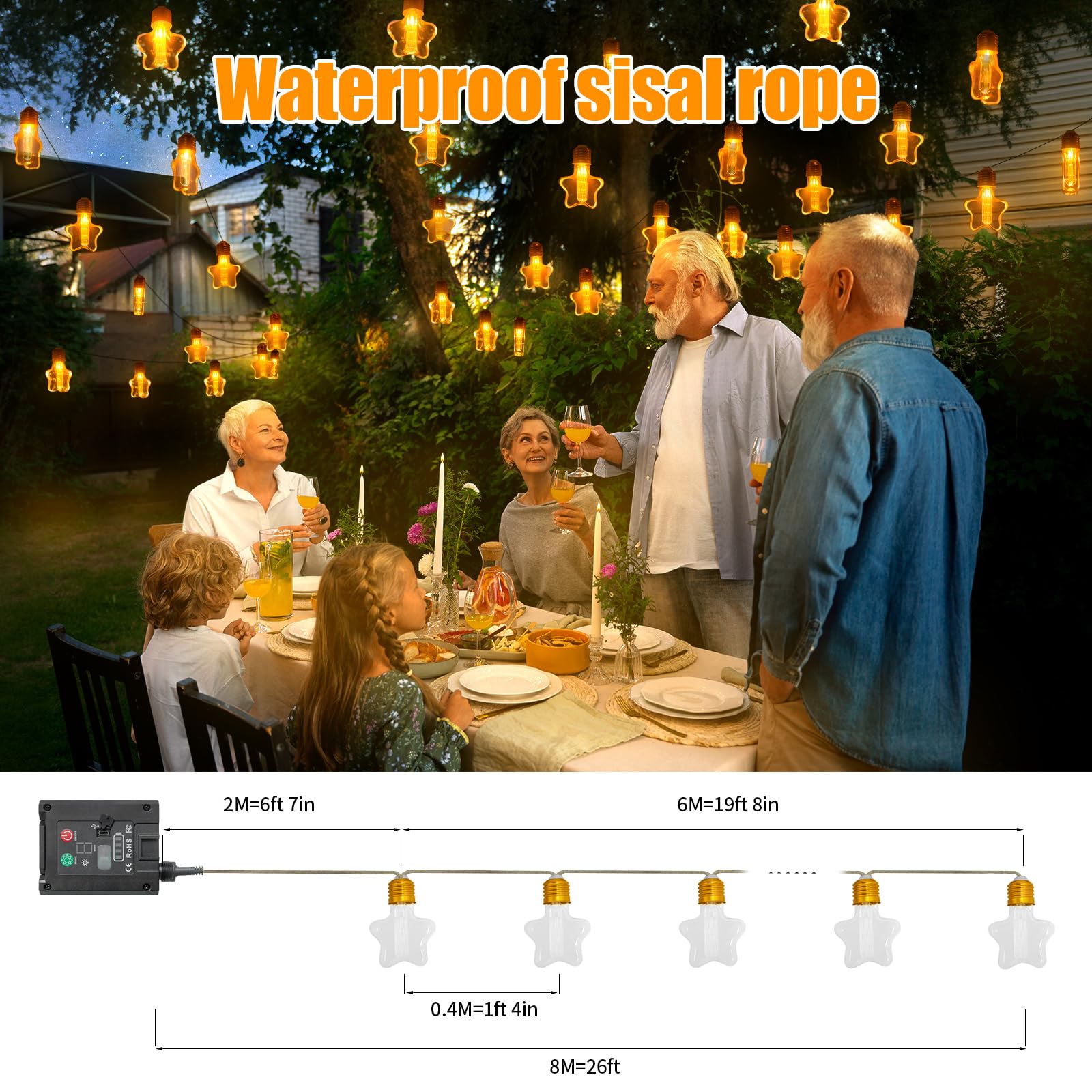Ciskotu Solarny i USB LED łańcuch świetlny z gwiazdkami na zewnątrz i do wnętrz, lina konopna w stylu vintage, 8M 16 świateł, odporny na warunki atmosferyczne, dekoracja bożonarodzeniowa do ogrodu