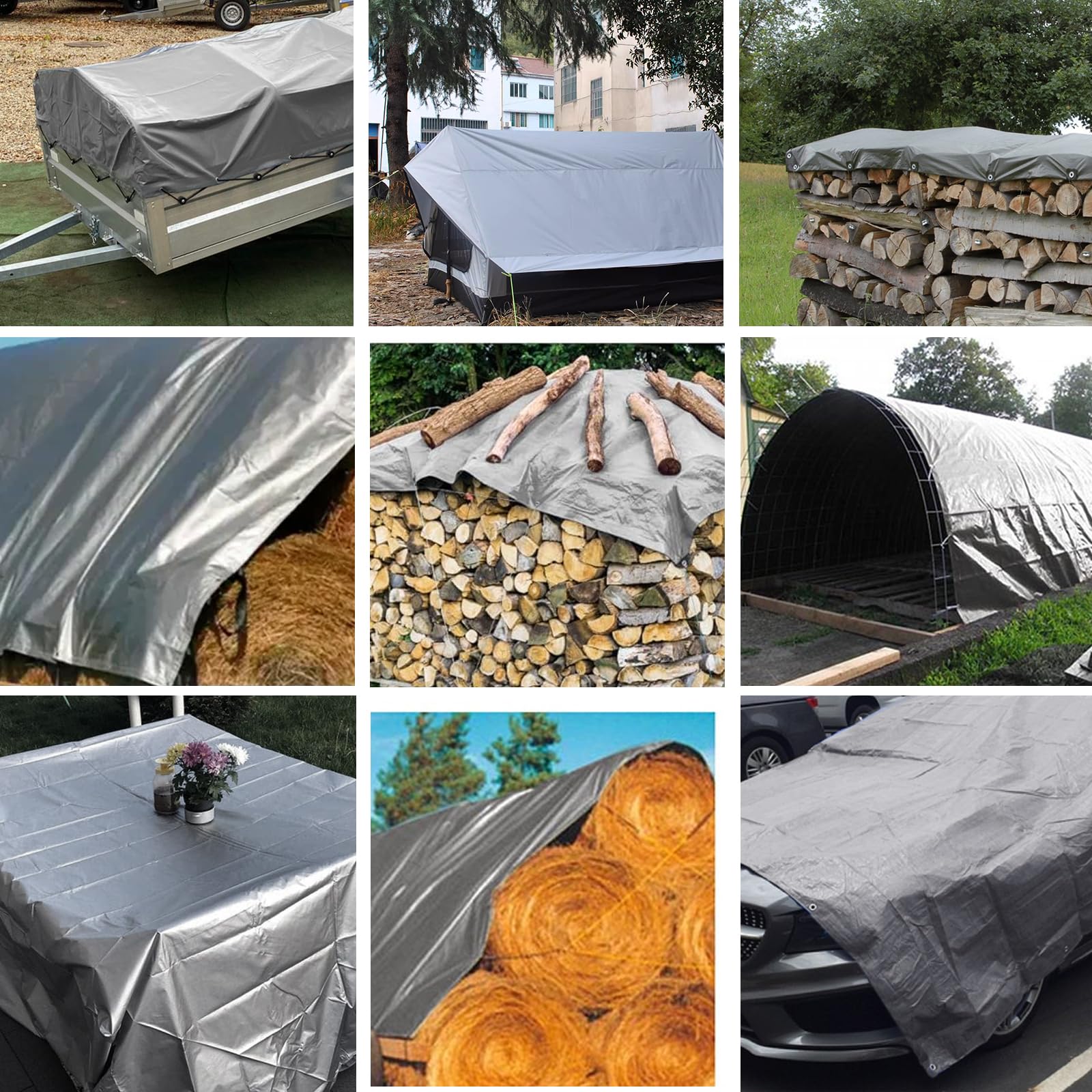 Telone di copertura in tessuto da 180 g/㎡, impermeabile, con occhielli, 2 m x 6 m, per mobili da giardino, piscina, trampolino, antistrappo, antimuffa (grigio/nero)