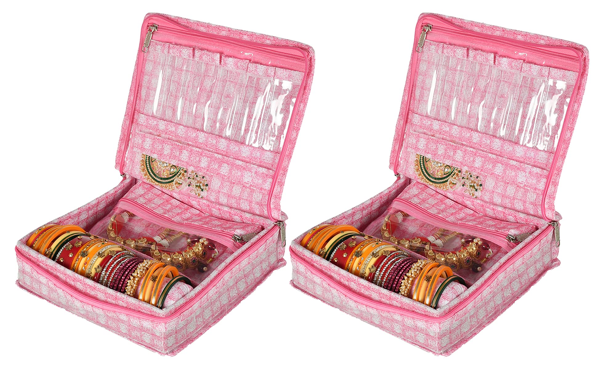 Kuber Industries Check Design Laminated PVC Jewellery Box/Organizer with 4 Transparent Pouch & 1 Bangle/Watch Rod-Pack of 2 (Pink)-HS_38_KUBMART21280 (B095CDLDV3) Amazon Price History, Amazon Price Tracker
