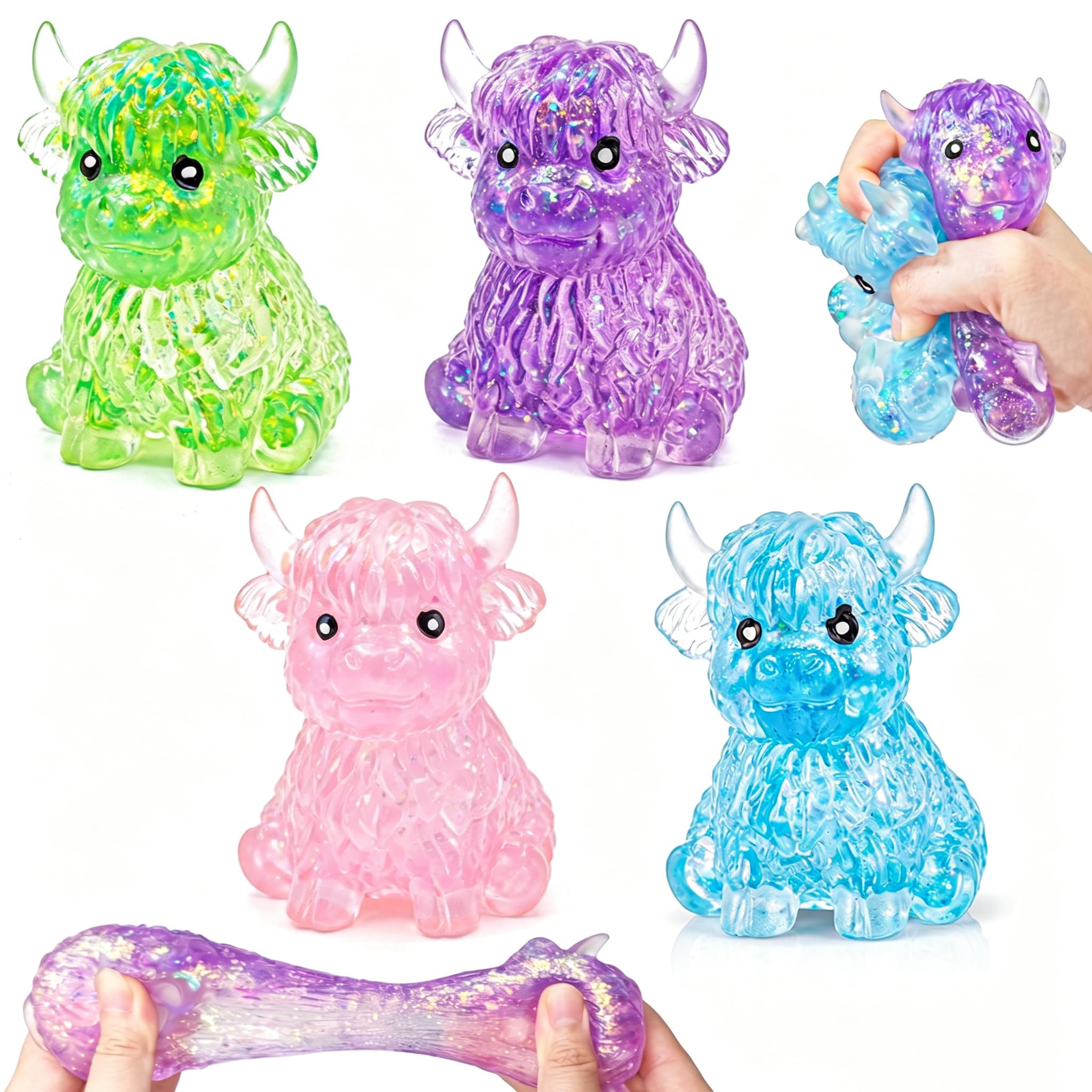 4Pack Highland Cow Squishy Fidget Toys,Glitter Slow Rising Maltose Sensory Squeeze Toys for Anxiety Relief,Cute Soft Autism Stress Toys for Kids & Adults,Birthday Gift Party Favors Sock Stuffers