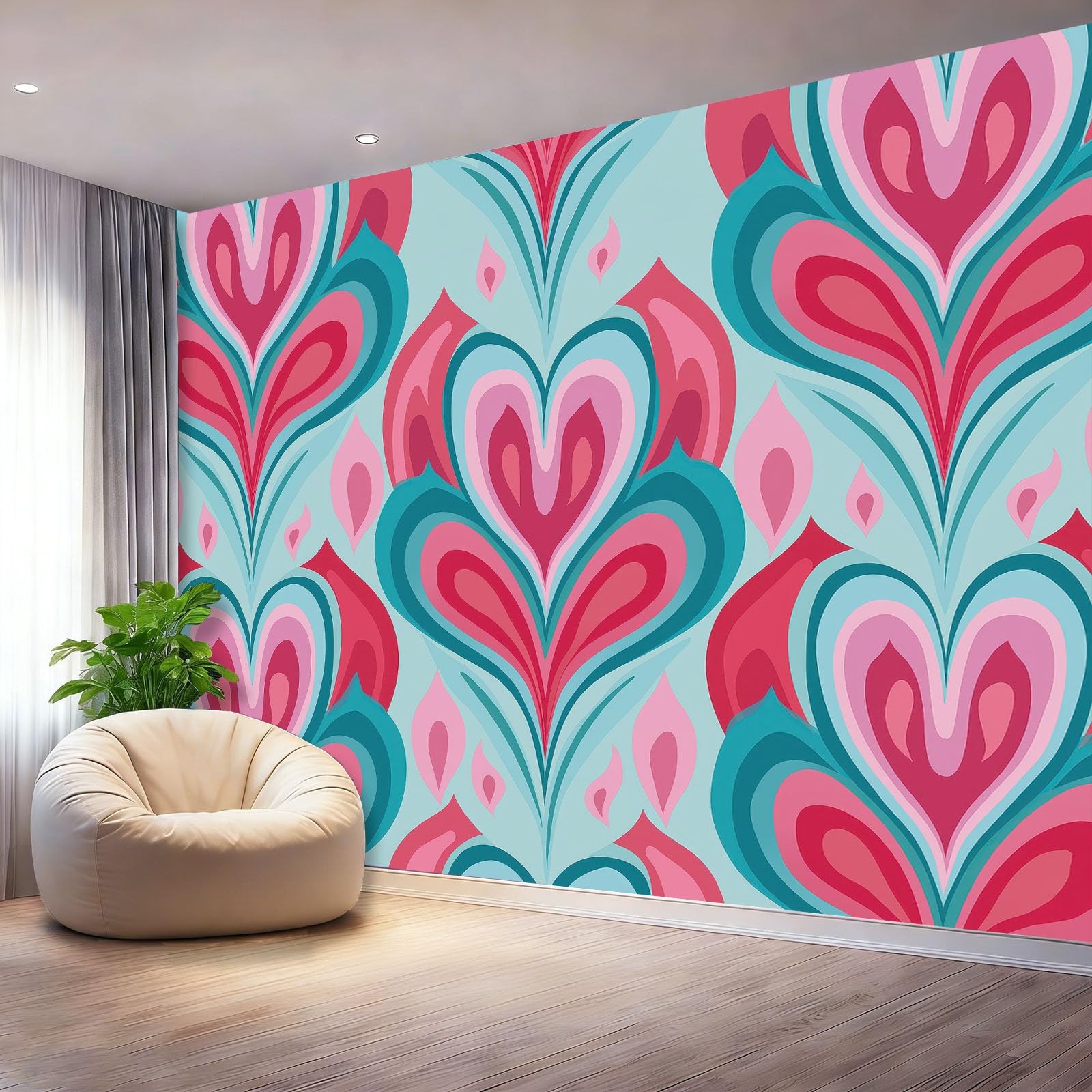 Fototapeta Abstrakcyjne Różowe Serce Tapety Malowidła Zielony Plakat Z Spiralnym Liśćmi Wzór Fotograficzny Do Sypialni Salonu Tv Ściana 300 x 210 cm