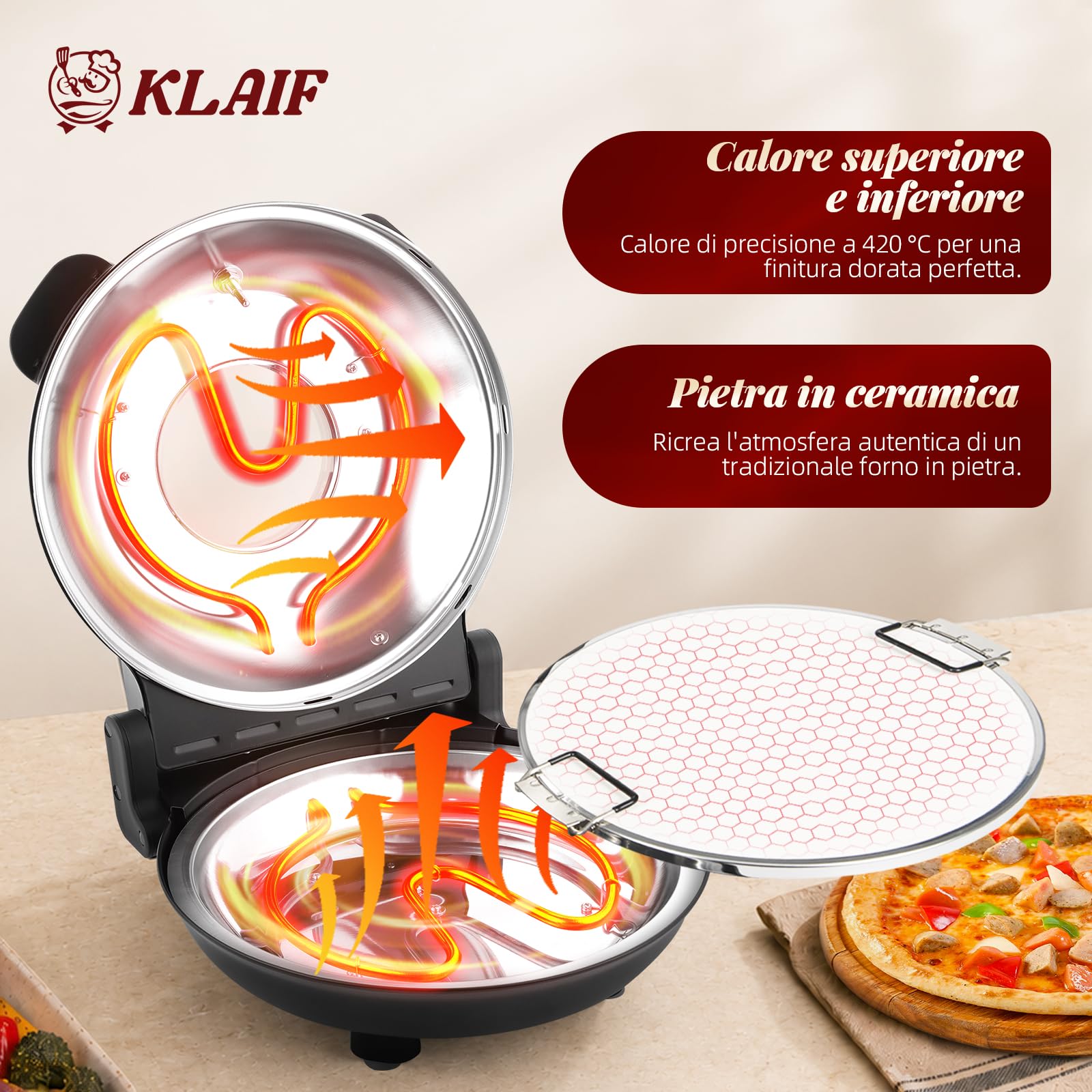 KLAIF Forno per Pizza Elettrico 420 °C, calore superiore e inferiore regolabili separatamente, pietra per pizza in ceramica da 31 cm, 1200 W, forno pizza compatto per casa, modello LM-nero