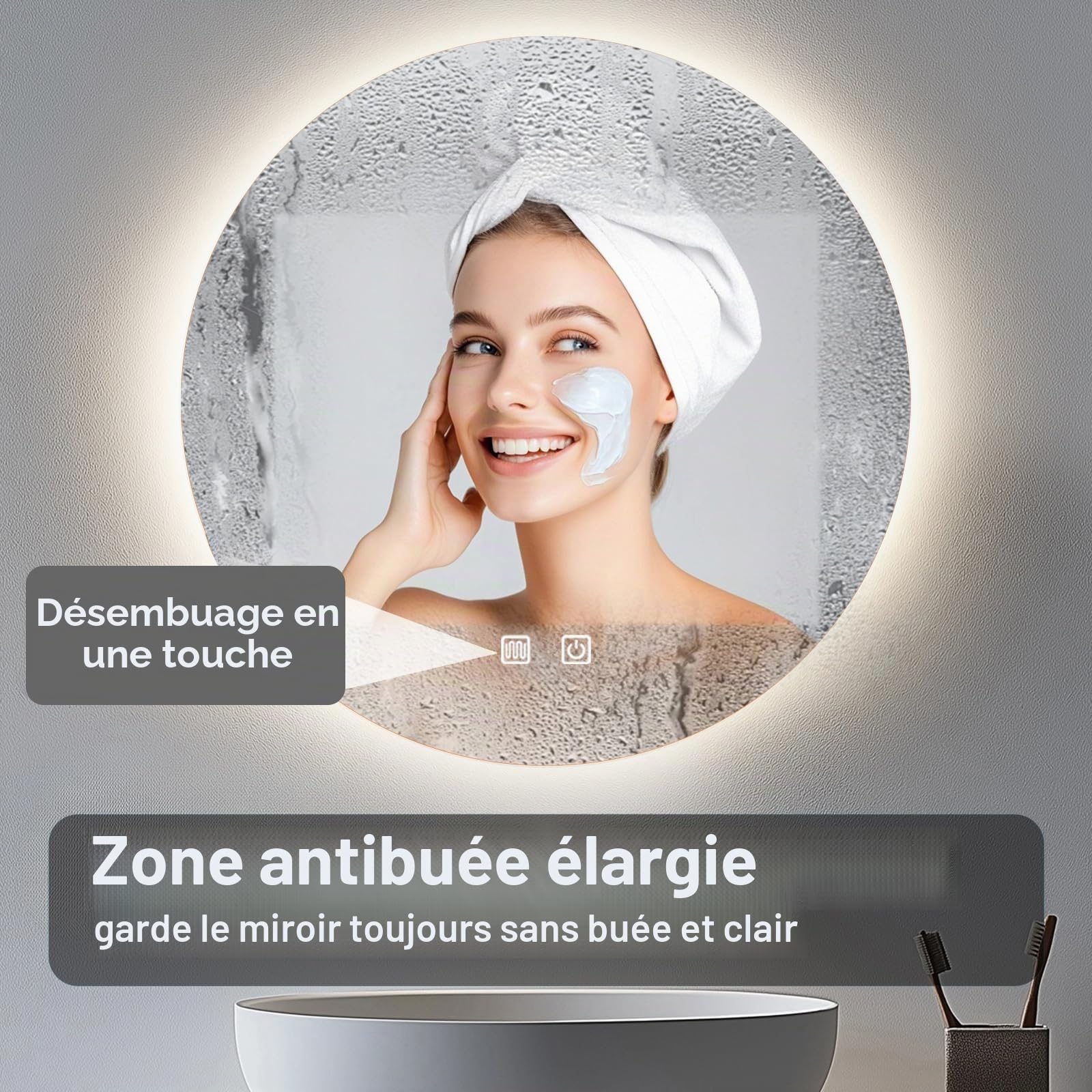 Miroir LED lavabo 80 cm rond Lumière rétroéclairée rasage douche Fixation murale sans buée Intensité variable 3 couleurs IP54