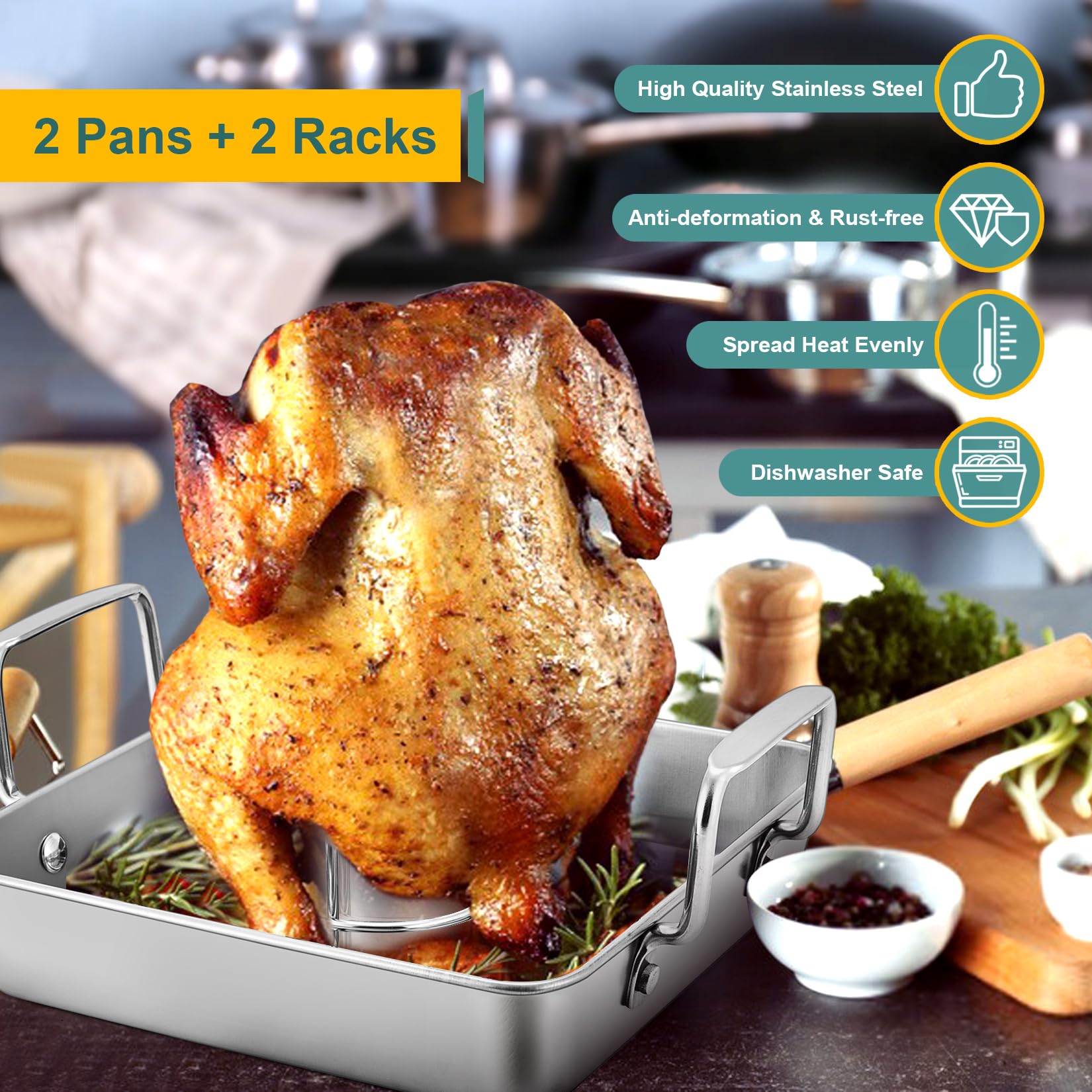 P&P Chef Soporte de pollo para asar cerveza (2 sartenes y 2 estantes), bandeja para asar de pollo de acero inoxidable con estante vertical para asar a la parrilla, resistente y apta para