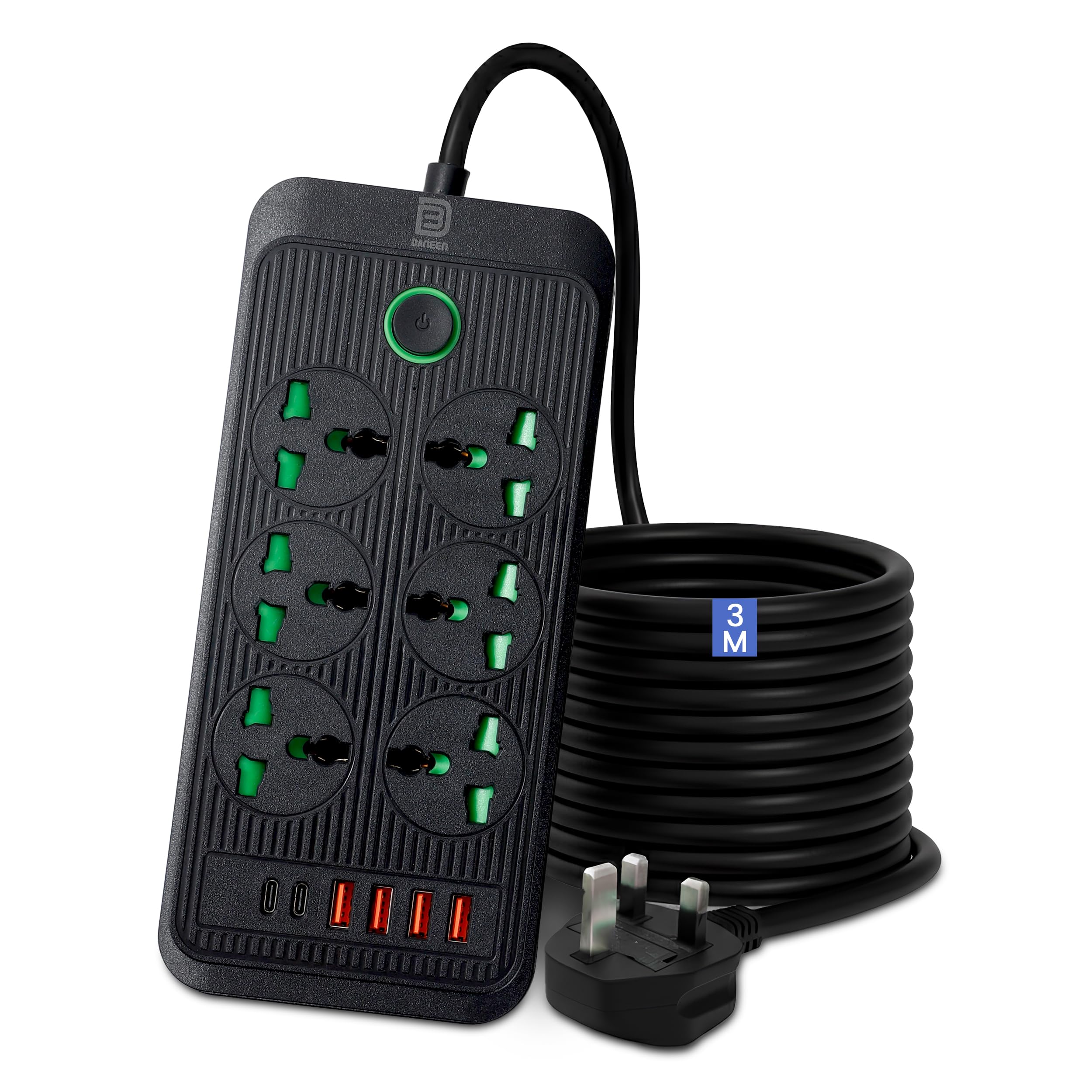 DANEEN 12in1 Power Strip with 6AC Outlets 4USB‑A + 2USB‑C Ports, Surge Protector, 3m Heavy-Duty Extension Cord, Overload Protection, Wall-Mountable Multi-Plug for Home, Office and Electronics (Black)
