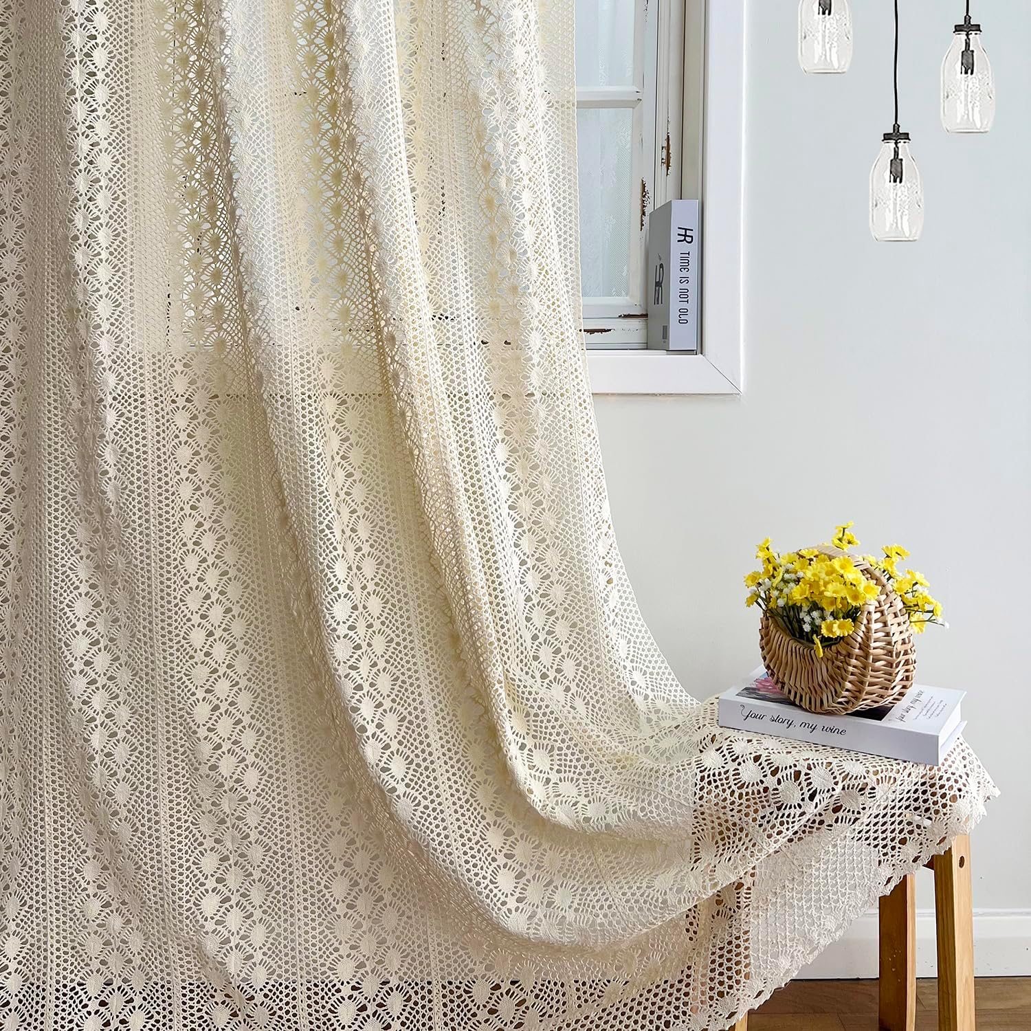 WINYY Boho Curtains for Living Room Vintage Handmade Crochet Farmhouse Hollow Out Knitting Lace Sliding Glass Door Rod Pocket Light Filtering Drapes Bedroom 1 Panel 59 X 71 Inch
