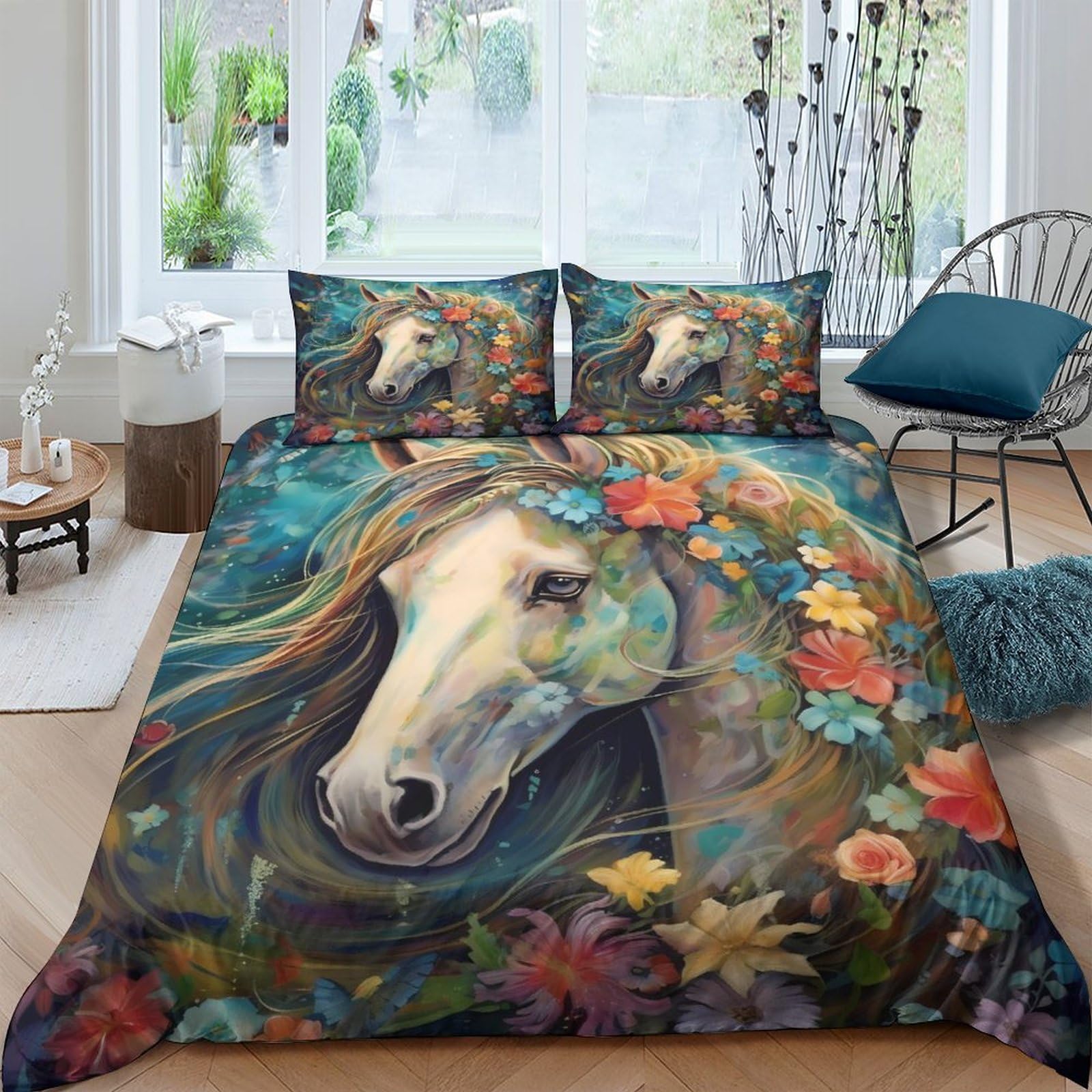 Housse de couette fleurs et chevaux 3 pièces 200x200cm pour un lit double