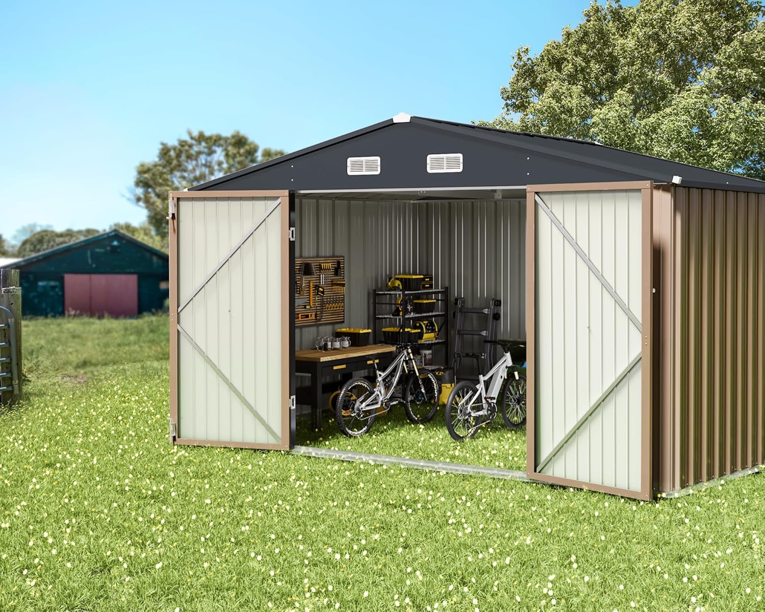 Greesum Metal Outdoor Storage Shed in a garden setting, storing bicycles and tools.