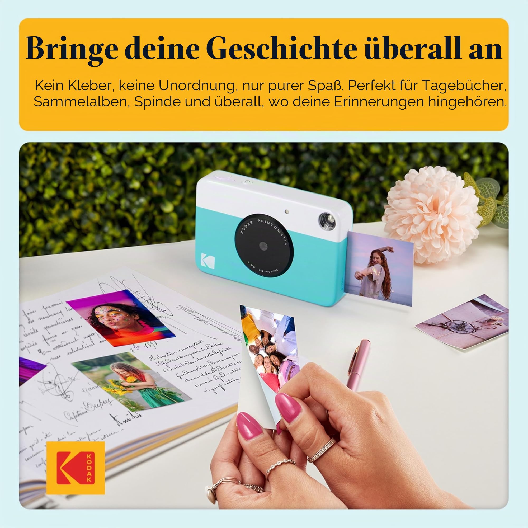 KODAK Printomatic Vollfarb-Sofortdruckkamera-Starterpaket + Softcase + Zink-Fotopapier (20er-Pack) – Bunte Fotos auf 2 x 3 Zoll großem Klebepapier – Blau