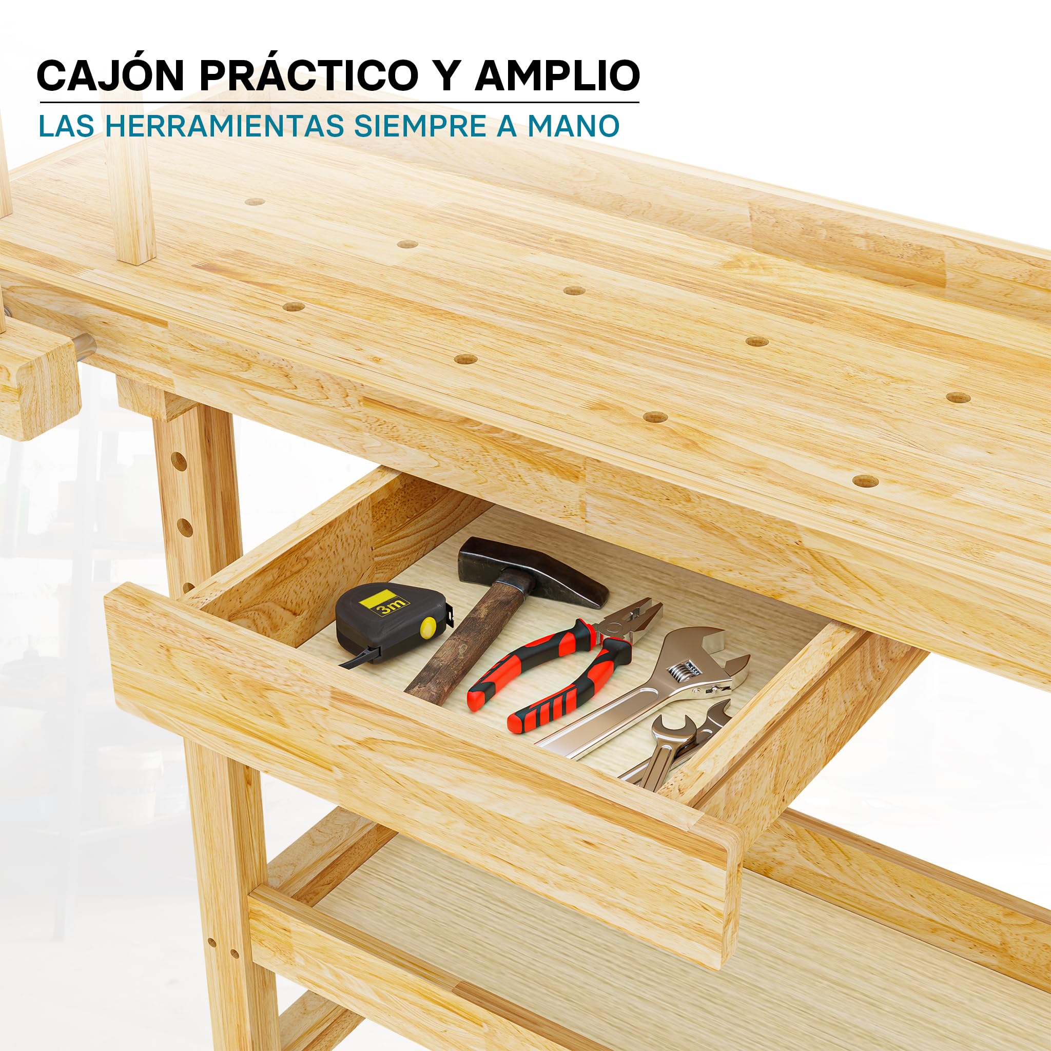 Wiltec Banco de Carpintero 151 x 61,5 x 86 cm Mesa de Trabajo de Madera 150 kg con cajón, Estante y Pinzas de sujeción, Ideal para Trabajos de carpintería, Bricolaje y Taller