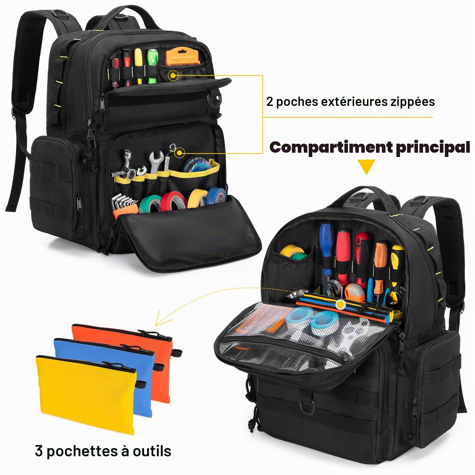 Rexmica Sac à Dos à Outils pour Homme avec 3 Petites Poches à Outils, Noir | Sac de Rangement d'Outils, Tactique, pour Électriciens, Artisans
