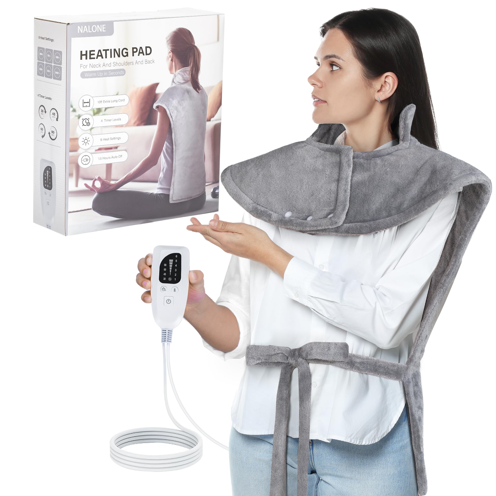 NALONE Heizkissen,Heizkissen mit Abschaltautomatik für Rücken 63x100cm,10ft Extra Long Cord, 6 Temperaturstufen, 4 Timer Setting, Flanellmaterial, Waschbar Wärmekissen (grau)