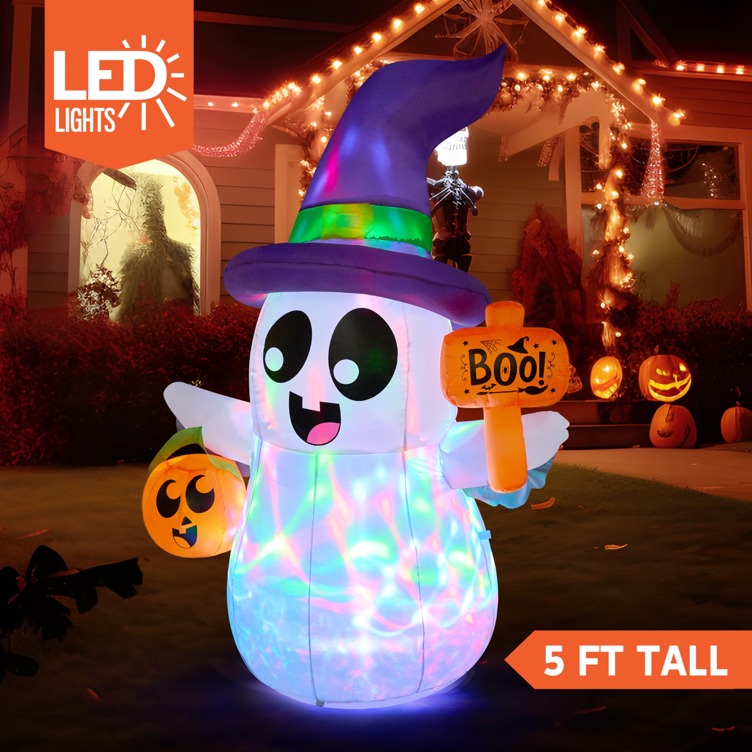 Joiedomi 5FT Tall Halloween Inflatable Ghost Outdoor Decorations, Cute Pink Ghost Blow Up Yard Decorations with Bowknot and LED Light for Halloween Decor, Garden Lawn Indoor Outdoor Party Decor: Cute Ghost