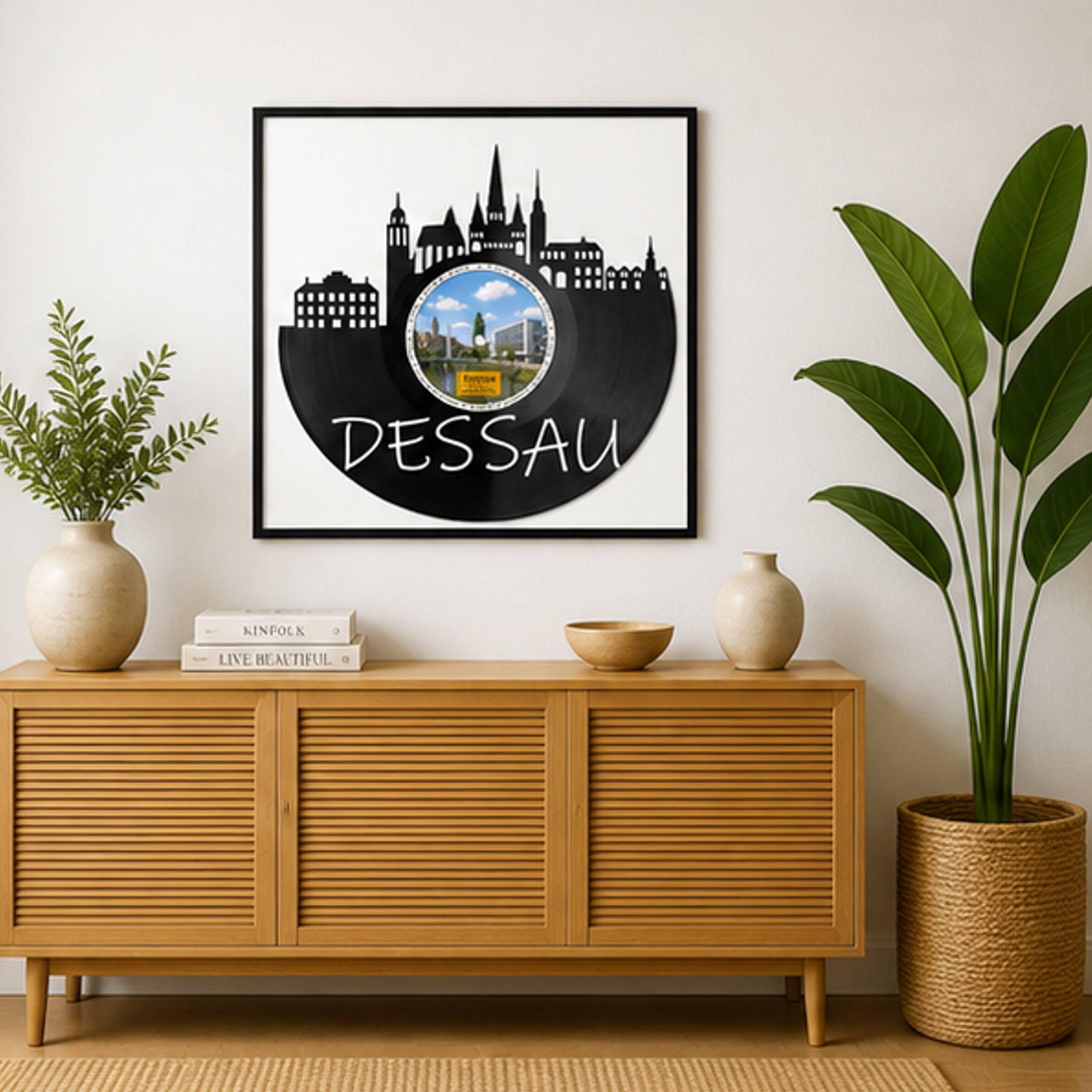 EVEVO Dessau - Decorazione da parete in vinile, con cornice, 32 x 32 cm, motivo: città Bauhaus, regalo per gli amanti dell'architettura