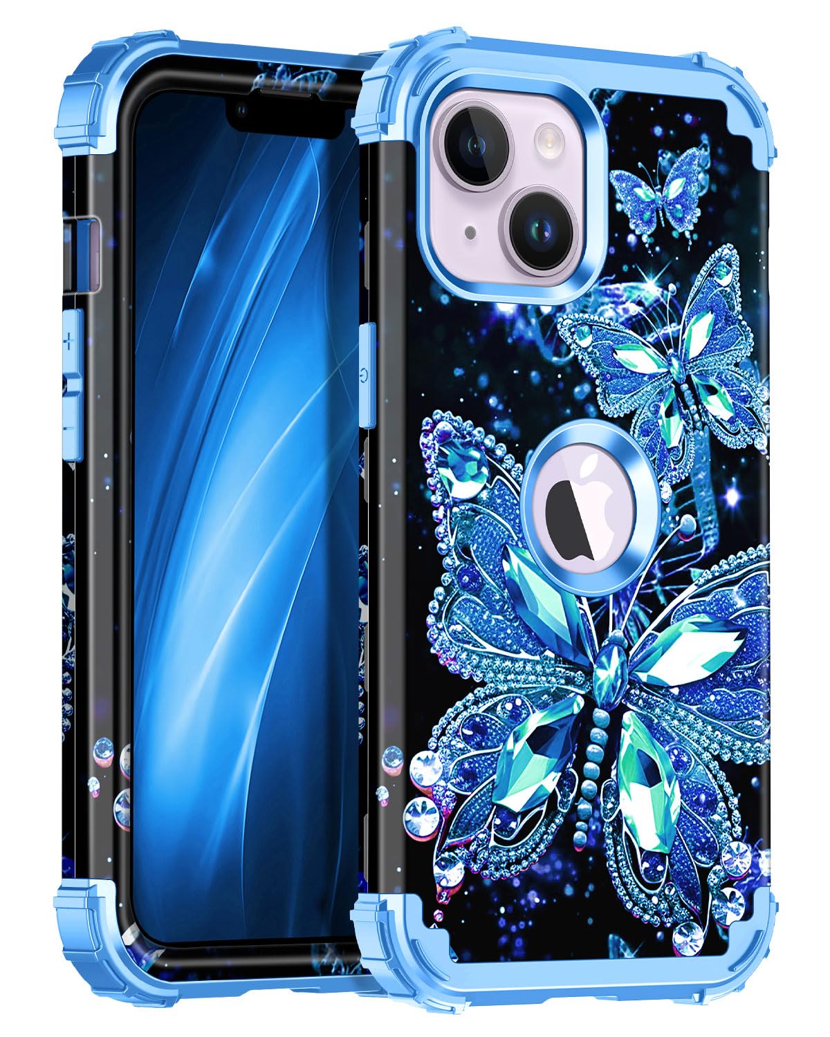 Miqala Compatible with iPhone 13 Case & iPhone 14 Case,Glow in The Dark Three Layer Heavy Duty Shockproof Hard Plastic Bumper+Soft Silicone Protective