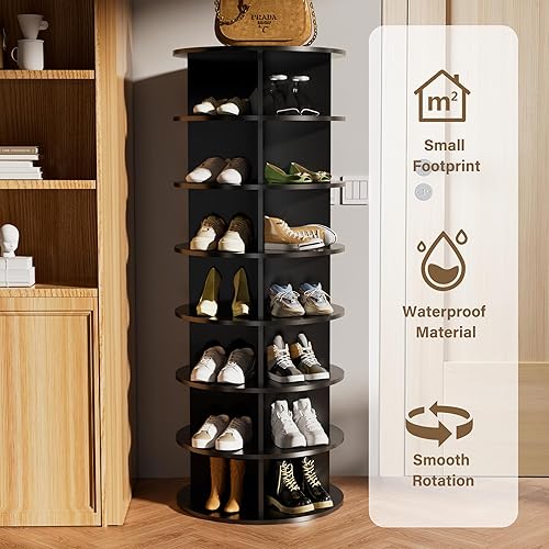 Miniatura 7 de Zapatero giratorio de madera, organizador de zapatos giratorio de 7 niveles, estante giratorio de 360 para entrada, se adapta a 28 pares de zapatos,