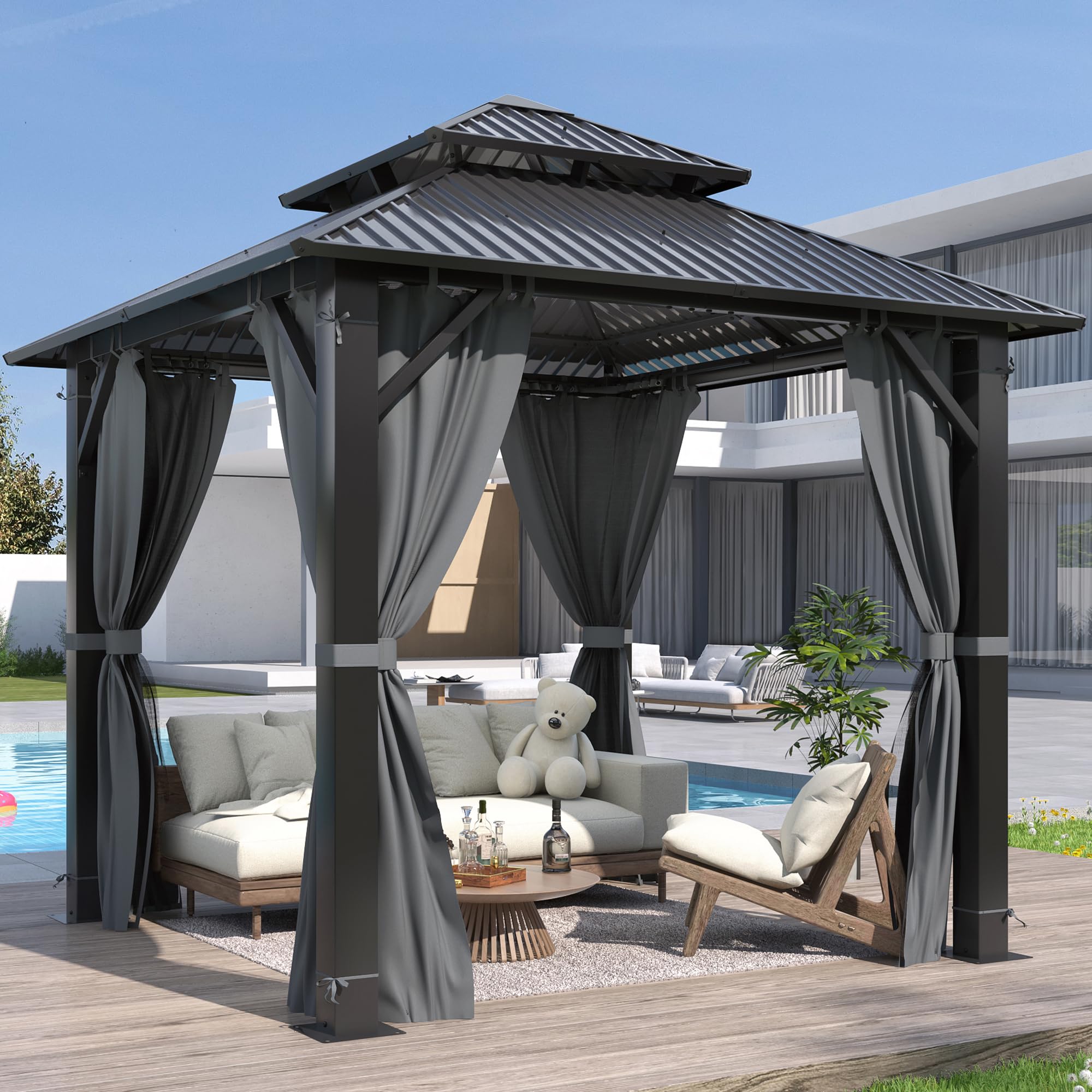Photo 1 of ***2 BOXES***
***MISSING BOX 2***
Outdoor Hardtop Gazebo with Double Roof - Aluminum Heavy-Duty Steel Top Gazebo, Breathable Netting & Privacy Curtain for Garden, Backyard