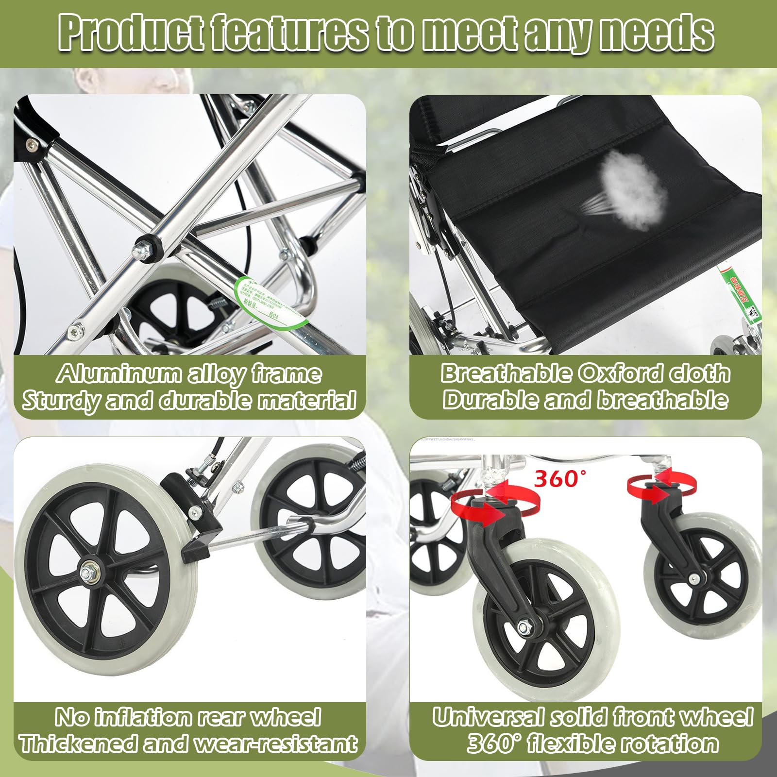Silla de ruedas portátil de tránsito, sillas de ruedas de transporte plegables para adultos y personas mayores, silla de ruedas de aluminio ligera para ancianos,Negro